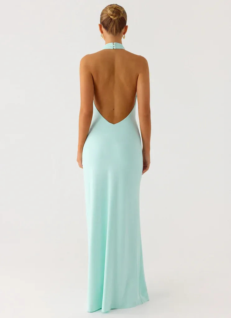 Dreamy Sheath Halter Neck Sleeveless Open Back Floor Length Plus Size Evening Dress