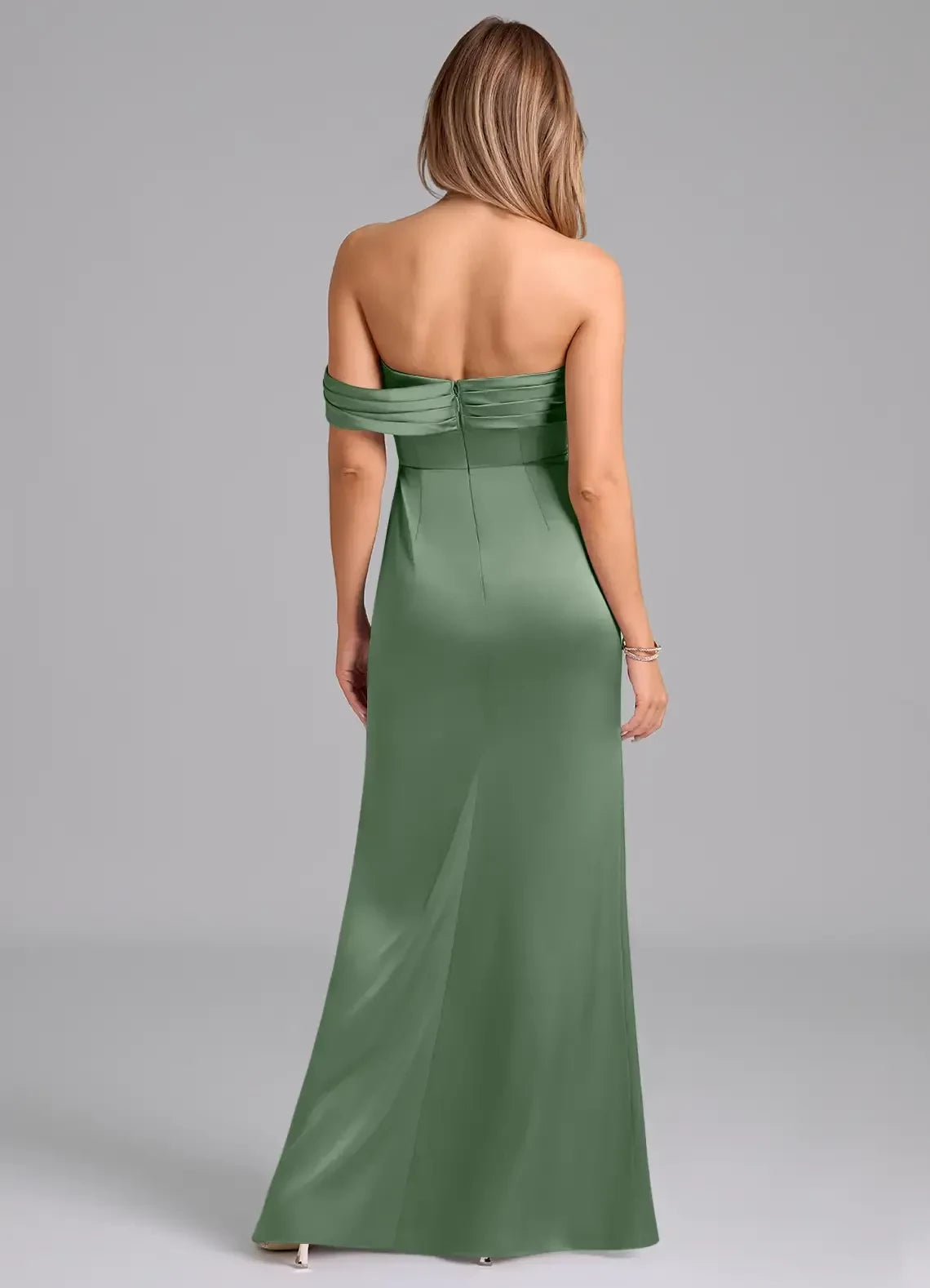 Dreamy Sheath Off Shoulder Draped Sleeve Open Back Floor Length Bridesmaid Dress