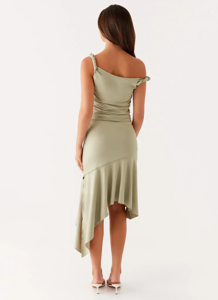 Dreamy Sheath One Shoulder Sleeveless Ruched Back Asymmetric Midi Plus Size Evening Dress