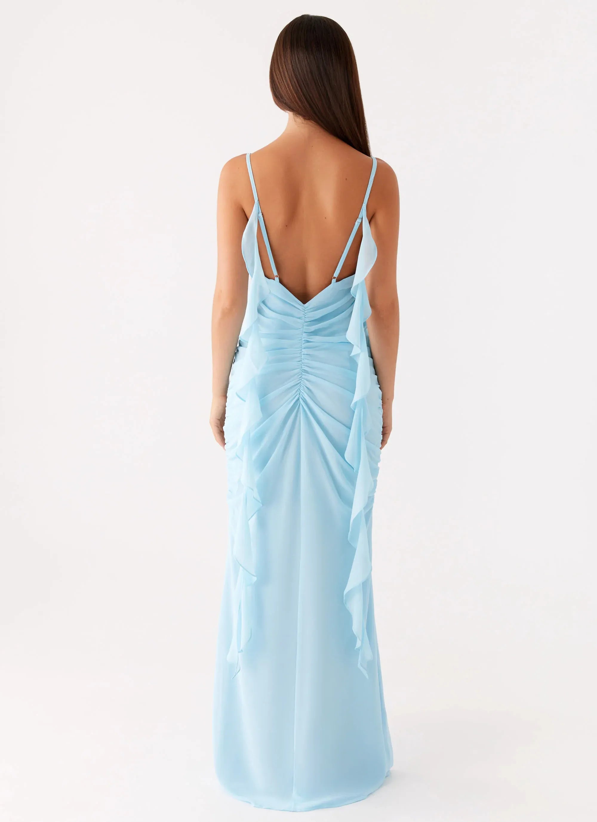 Dreamy Sheath Plunge Neck Sleeveless Ruffled Ruched Floor Length Plus Size Evening Dress
