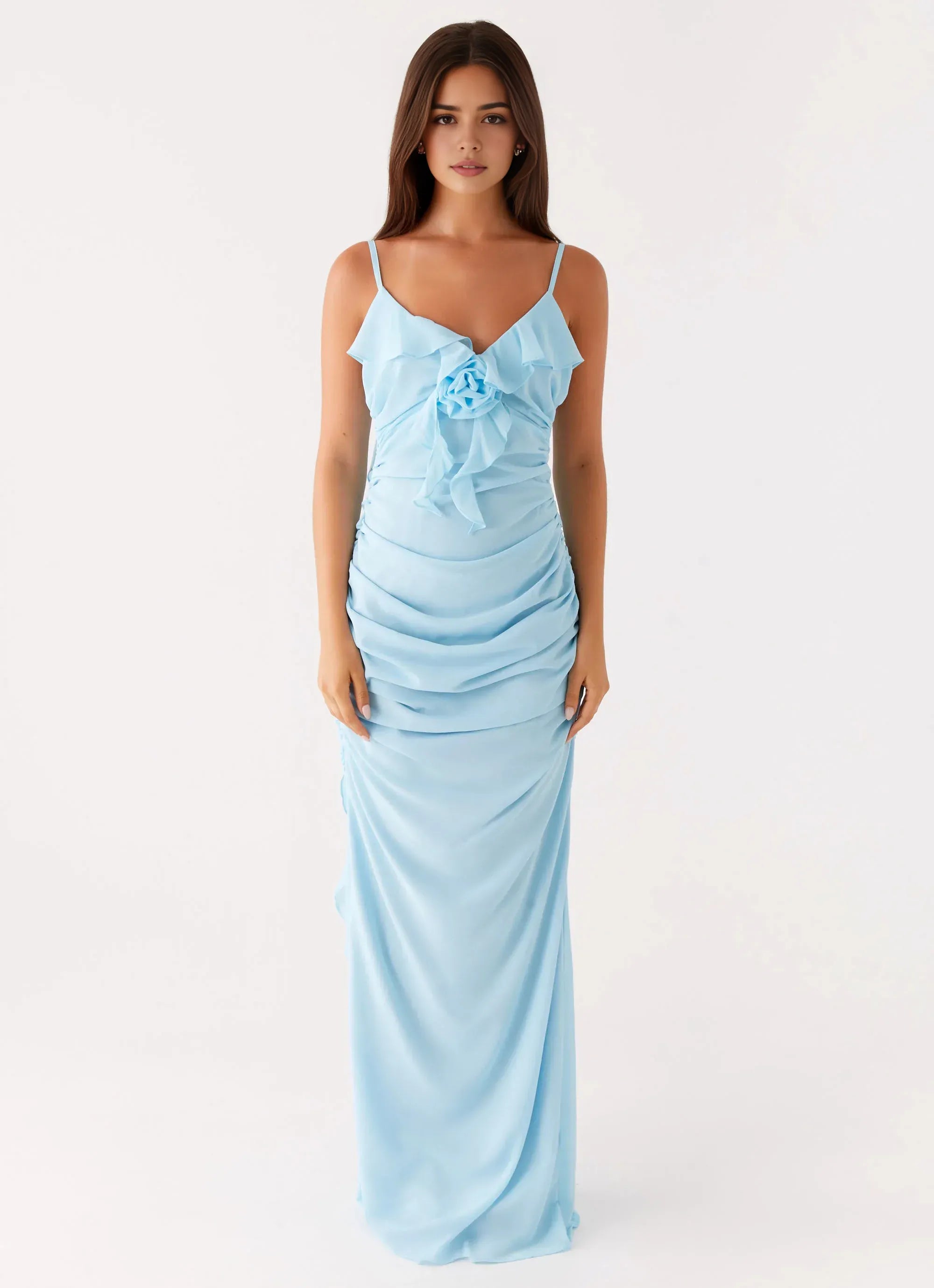 Dreamy Sheath Plunge Neck Sleeveless Ruffled Ruched Floor Length Plus Size Evening Dress