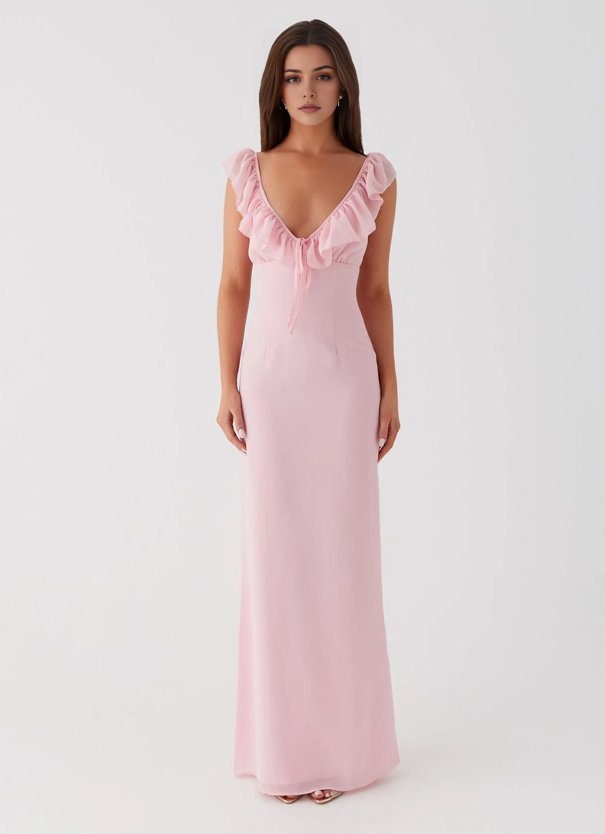 Dreamy Sheath Plunge Neck Sleeveless Ruffled Tie Back Floor Length Plus Size Evening Dress