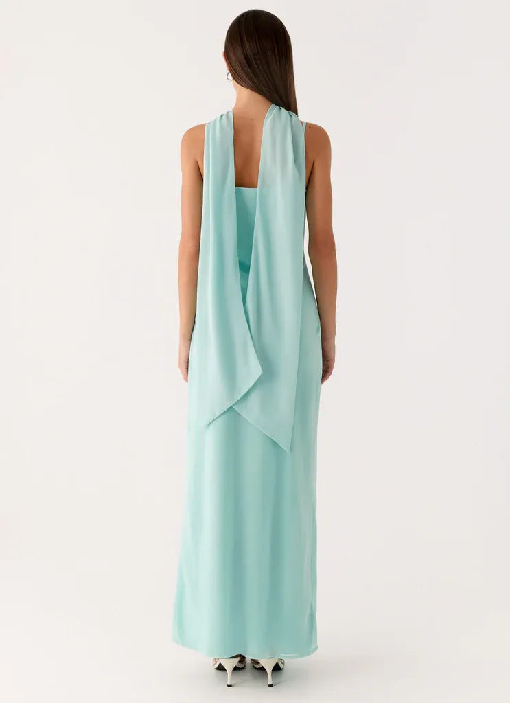 Dreamy Sheath Square Neck Sleeveless Draped Back High Slit Floor Length Plus Size Evening Dress