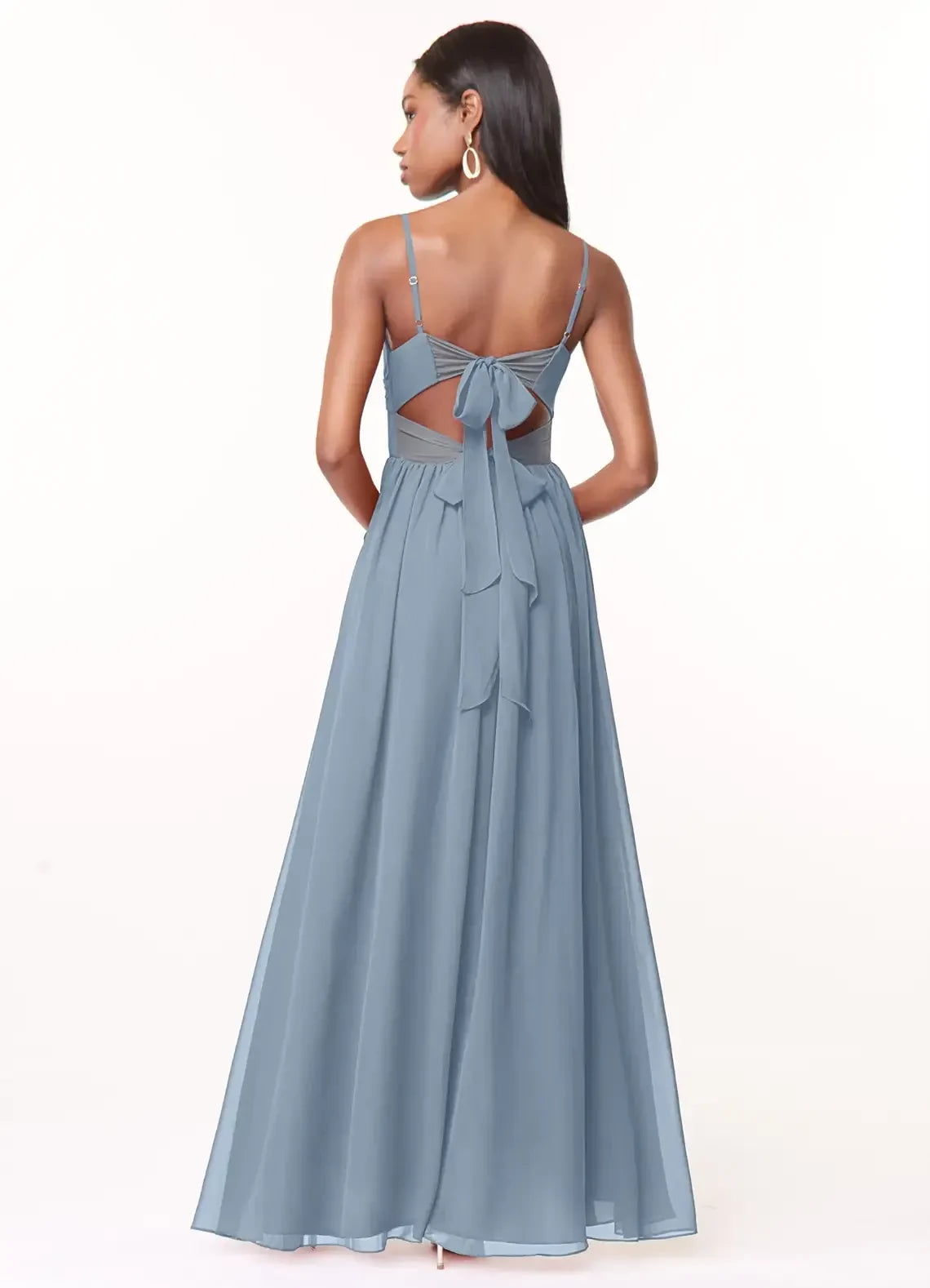 Dreamy Sheath V Neck Spaghetti Strap Bow Back Floor Length Bridesmaid Dress ﻿