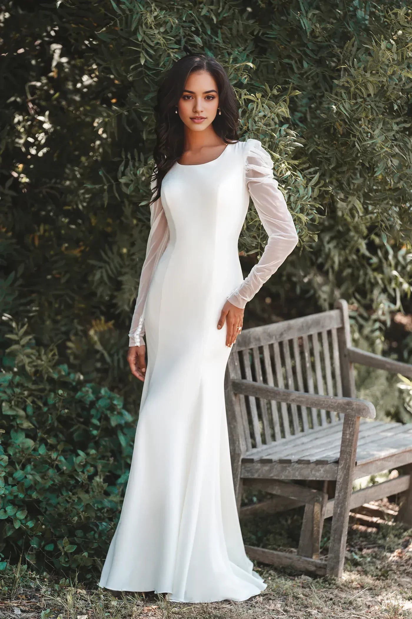 Dreamy Trumpet Scoop Neck Sheer Long Sleeve Button Back Floor Length Wedding Dress