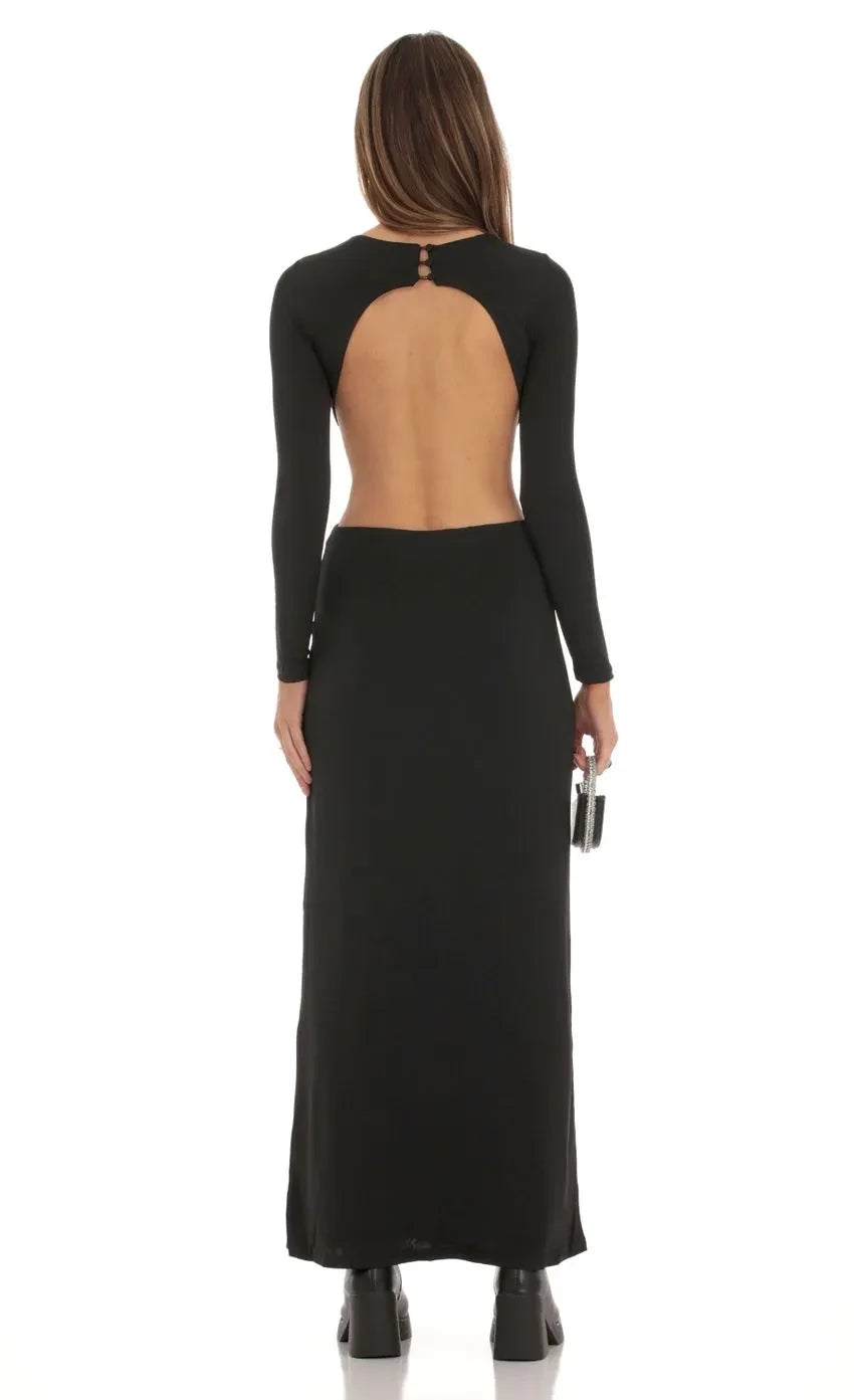 Edgy Sheath Crew Neck Long Sleeve Cut Out Back Floor Length Evening Dress