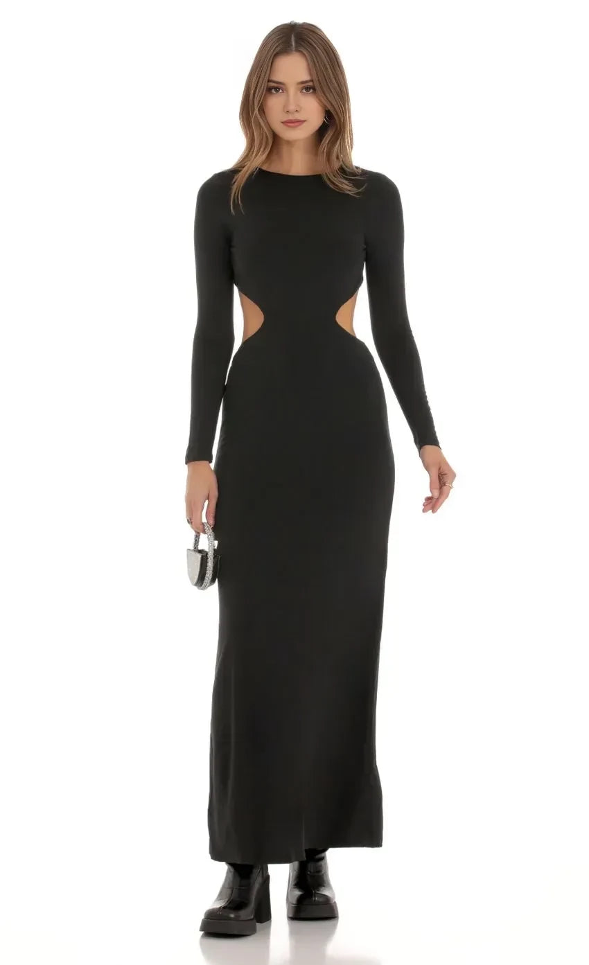 Edgy Sheath Crew Neck Long Sleeve Cut Out Back Floor Length Evening Dress