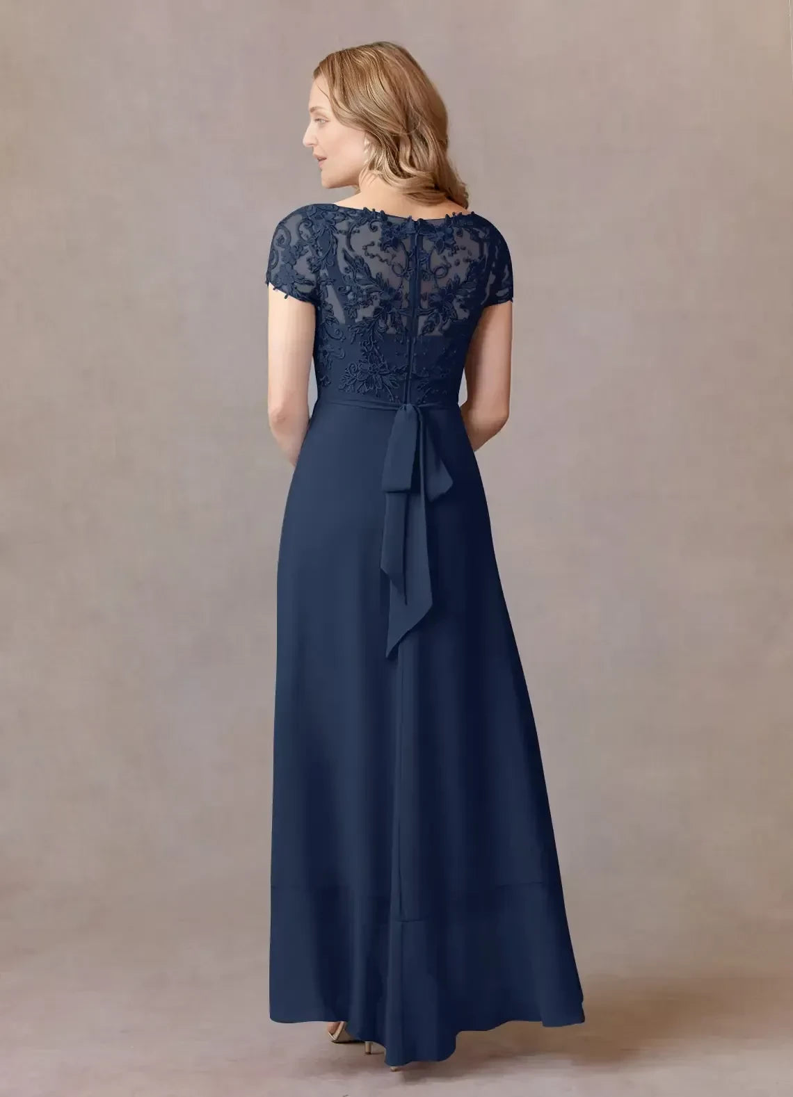 Elegant A Line Boat Neck Cap Sleeve Bow Back High Low Mother of the Bride Dress