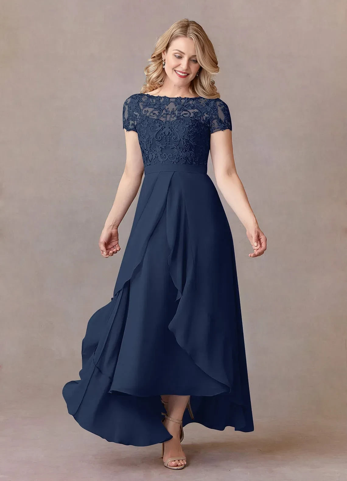 Elegant A Line Boat Neck Cap Sleeve Bow Back High Low Mother of the Bride Dress