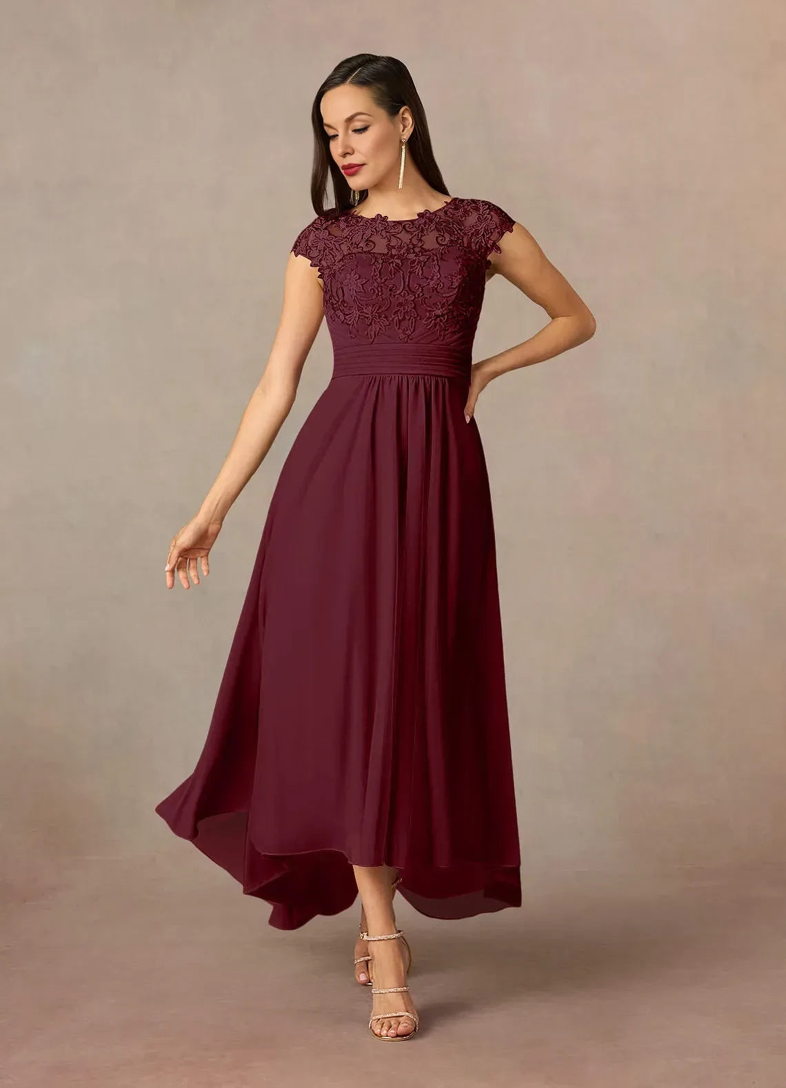 Elegant A Line Boat Neck Cap Sleeve Zipper Back High Low Mother of the Bride Dress