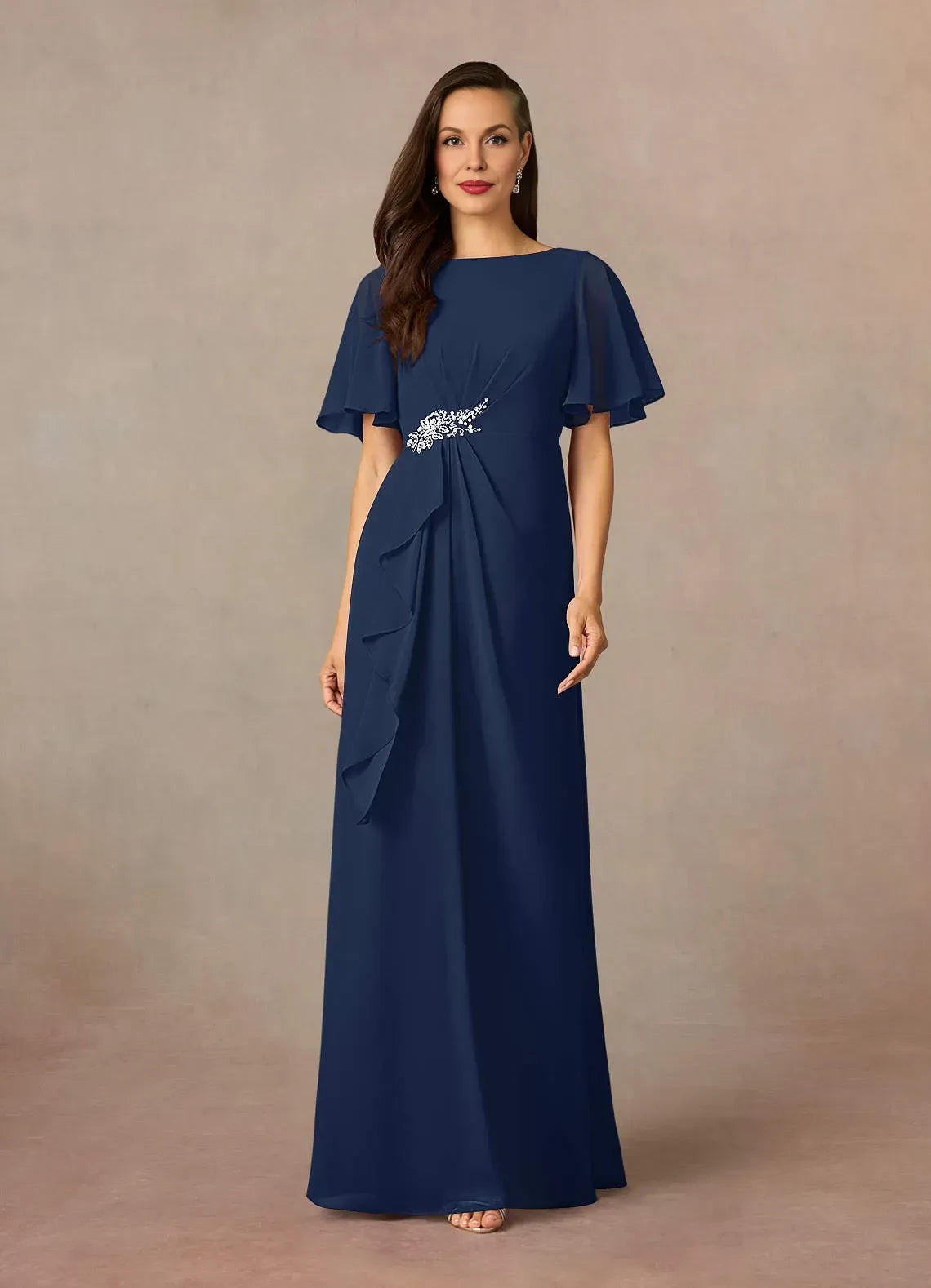 Elegant A Line Boat Neck Flutter Sleeve Zipper Back Floor Length Mother of the Bride Dress