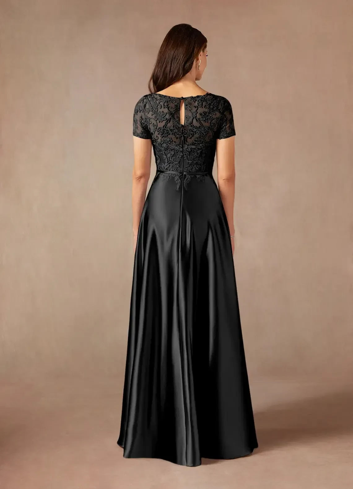 Elegant A Line Boat Neck Lace Short Sleeve Keyhole Back Floor Length Mother of the Bride Dress