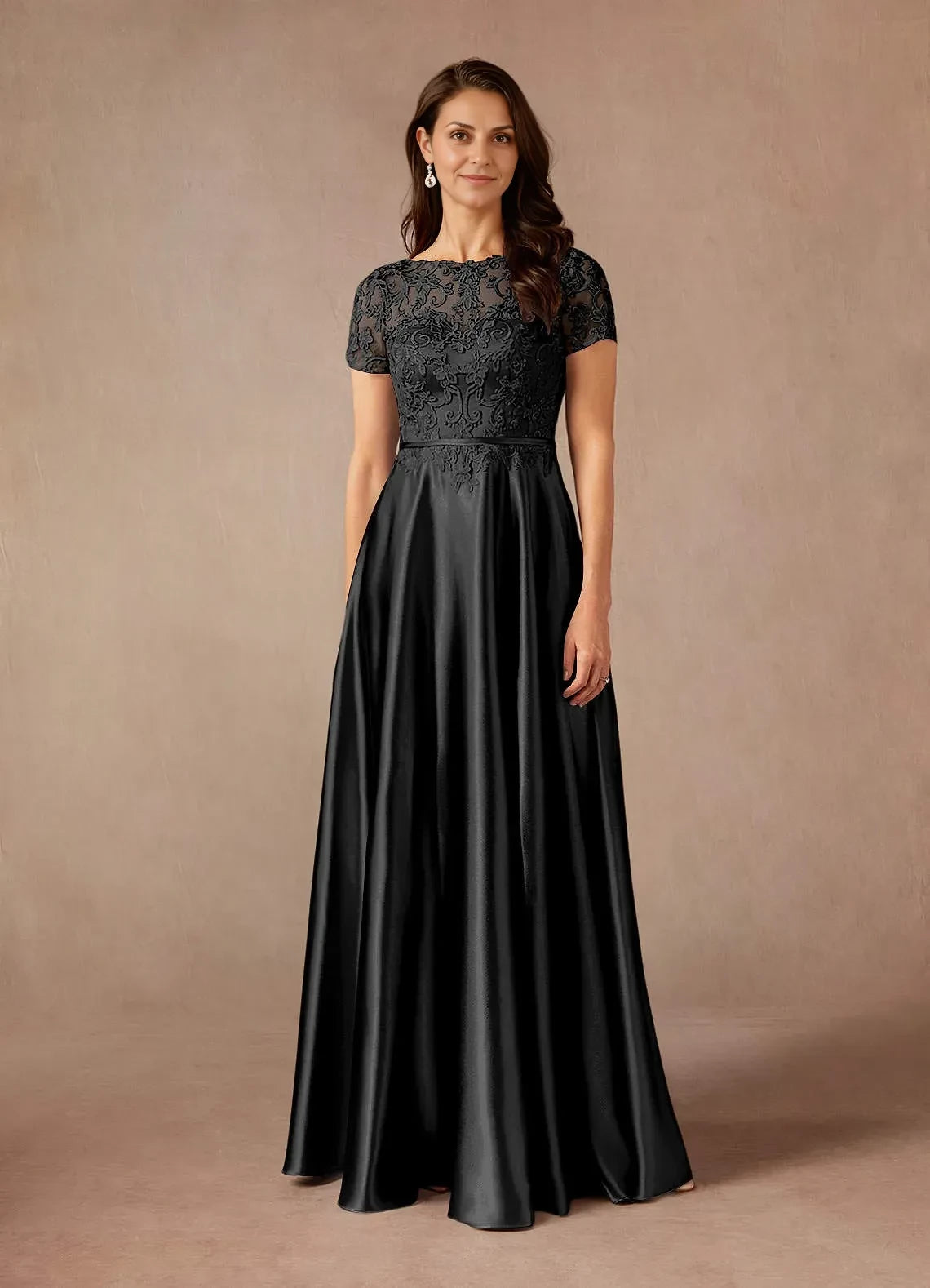 Elegant A Line Boat Neck Lace Short Sleeve Keyhole Back Floor Length Mother of the Bride Dress