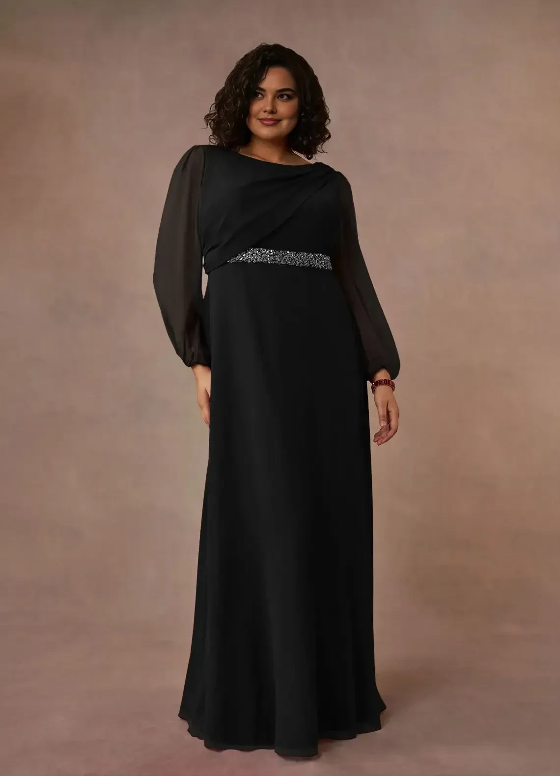 Elegant A Line Boat Neck Long Sleeve Zipper Back Floor Length Mother of the Bride Dress