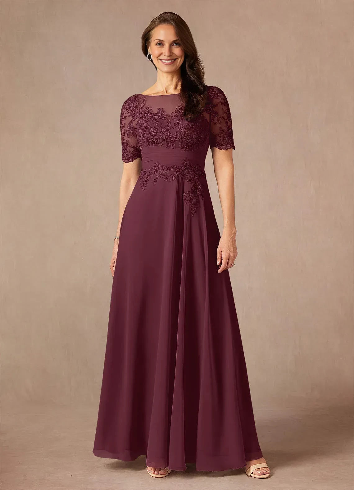 Elegant A Line Boat Neck Short Sleeve Zipper Back Floor Length Mother of the Bride Dresses