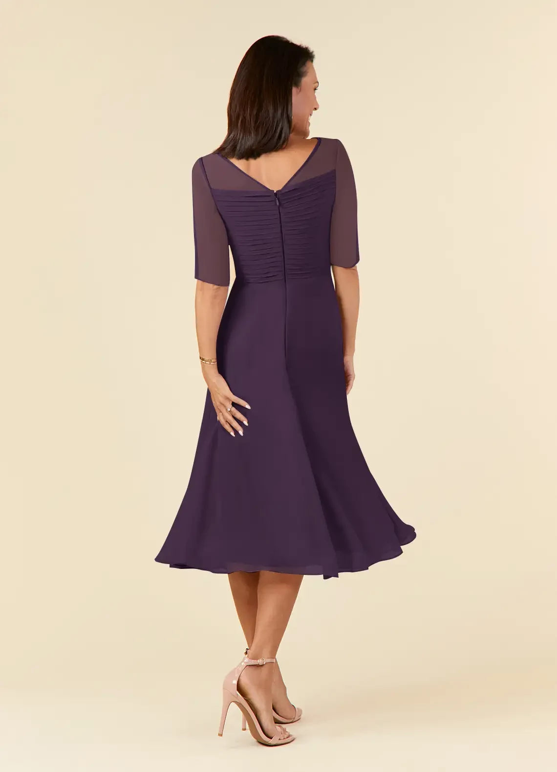 Elegant A Line Boat Neck Three Quarter Chiffon Sleeve Ruched Back Midi Length Mother of the Bride Dress