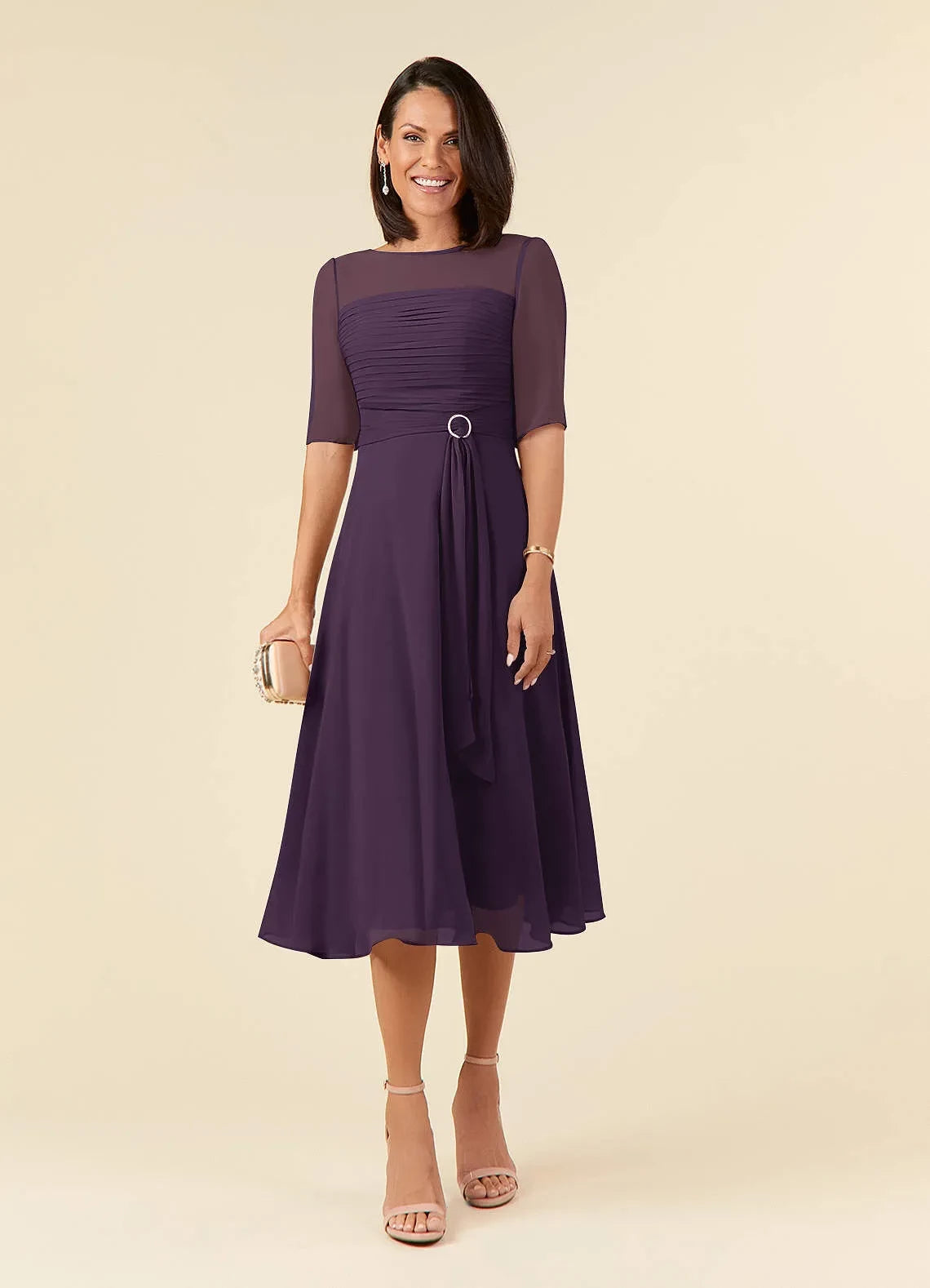 Elegant A Line Boat Neck Three Quarter Chiffon Sleeve Ruched Back Midi Length Mother of the Bride Dress