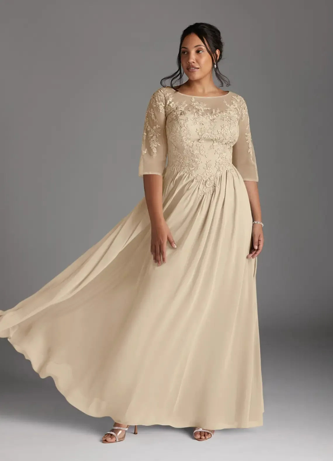 Elegant A Line Boat Neck Three Quarter Lace Sleeve Keyhole Back Plus Size Floor Length Mother of the Bride Dress