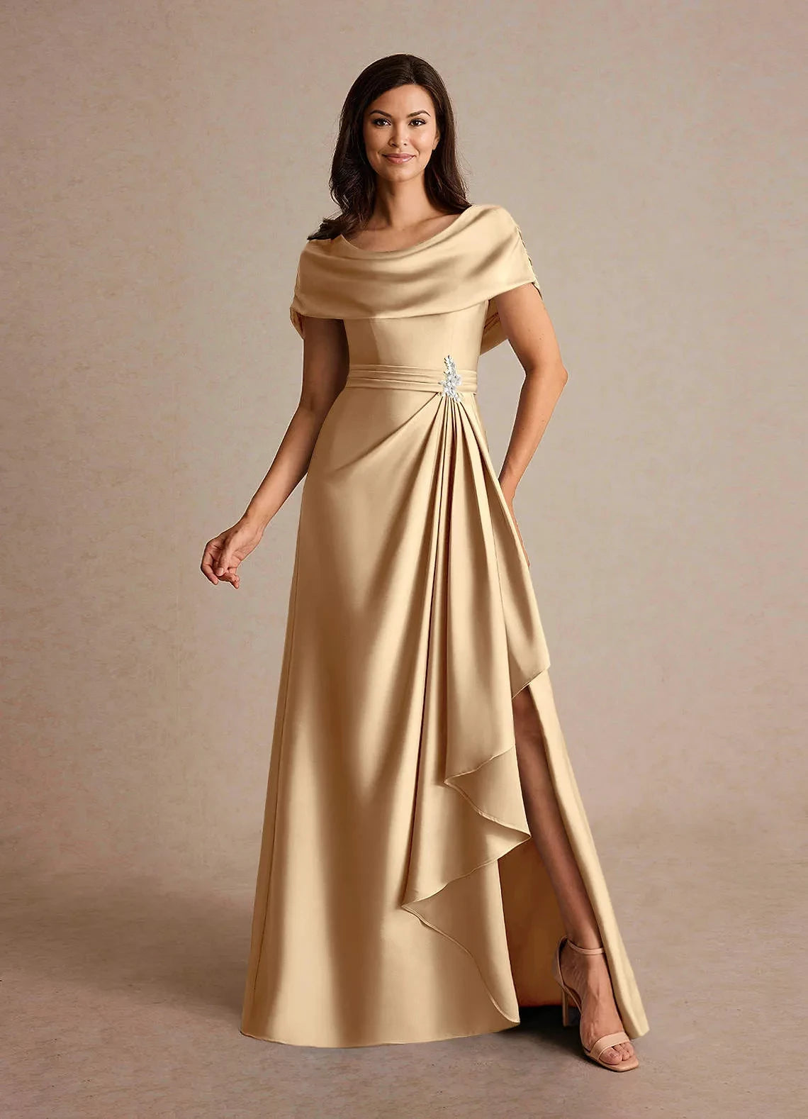 Elegant A Line Cowl Neck Cap Sleeve Zip Back Floor Length Mother of the Bride Dress