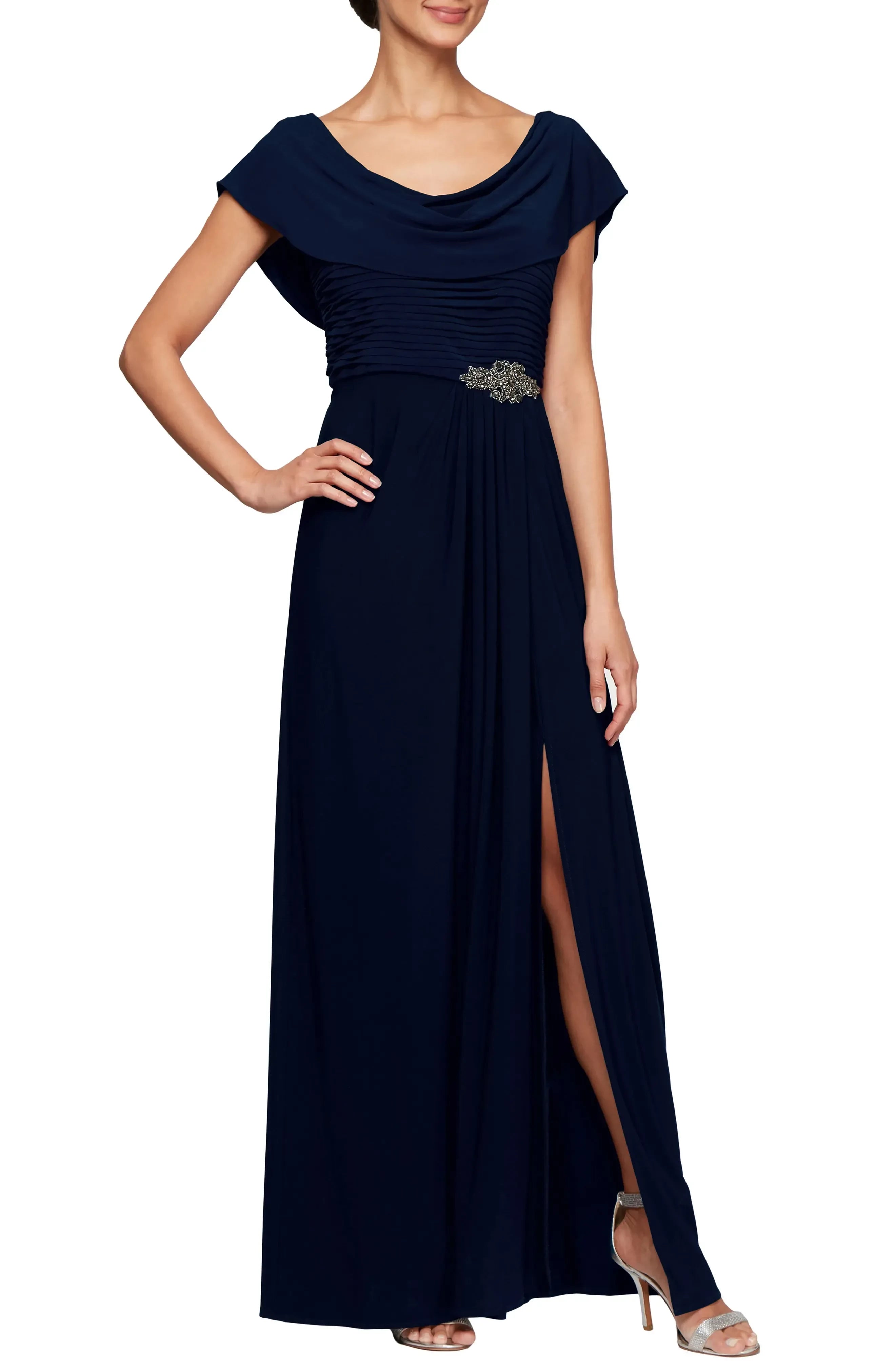 Elegant A Line Cowl Neck Short Sleeve Ruched Back Floor Length Evening Dress
