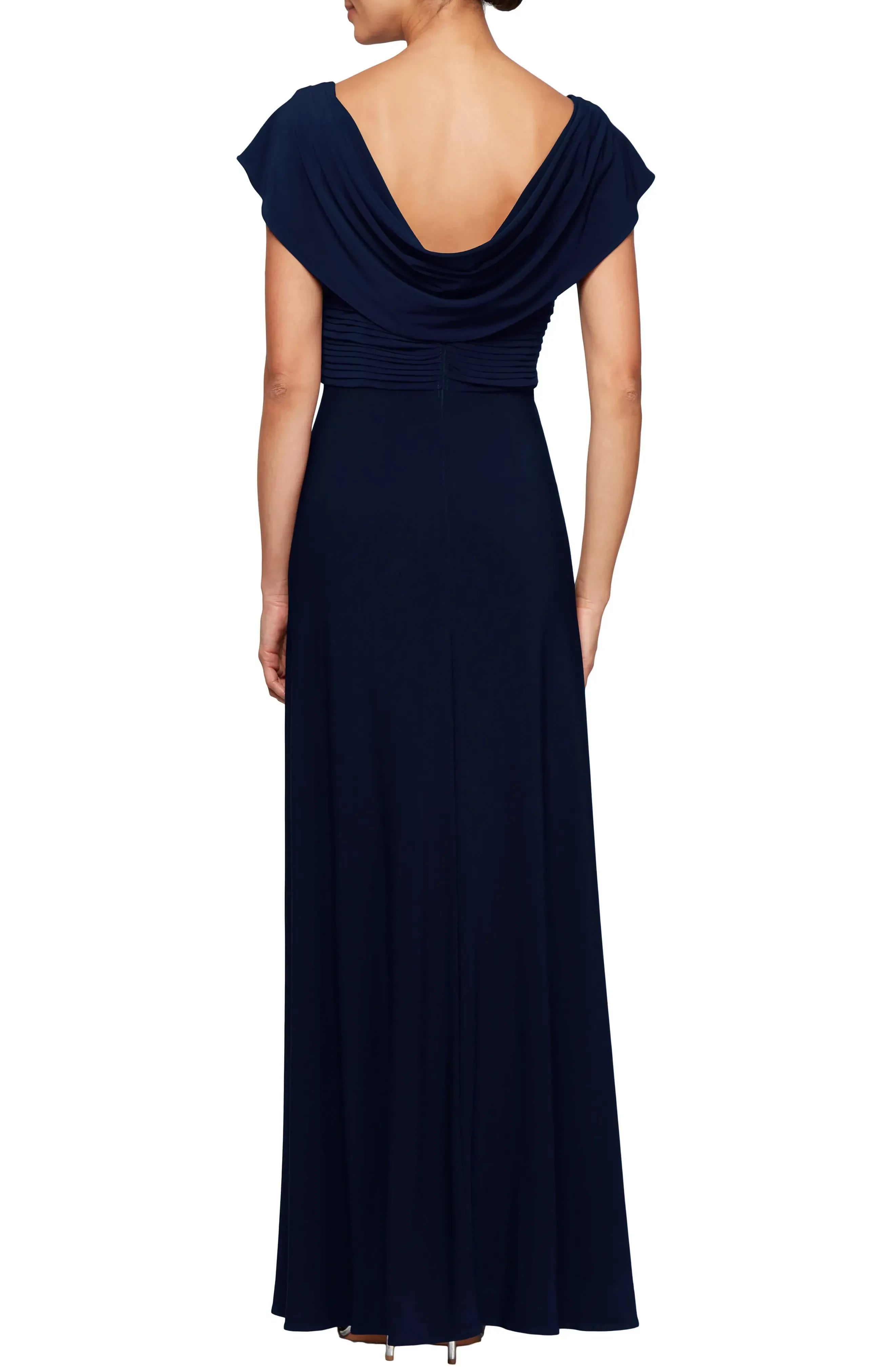 Elegant A Line Cowl Neck Short Sleeve Ruched Back Floor Length Evening Dress