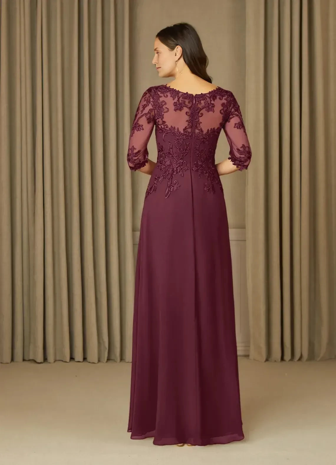 Elegant A Line Crew Neck 3/4 Sleeve Zipper Back Floor Length Mother of the Bride Dress