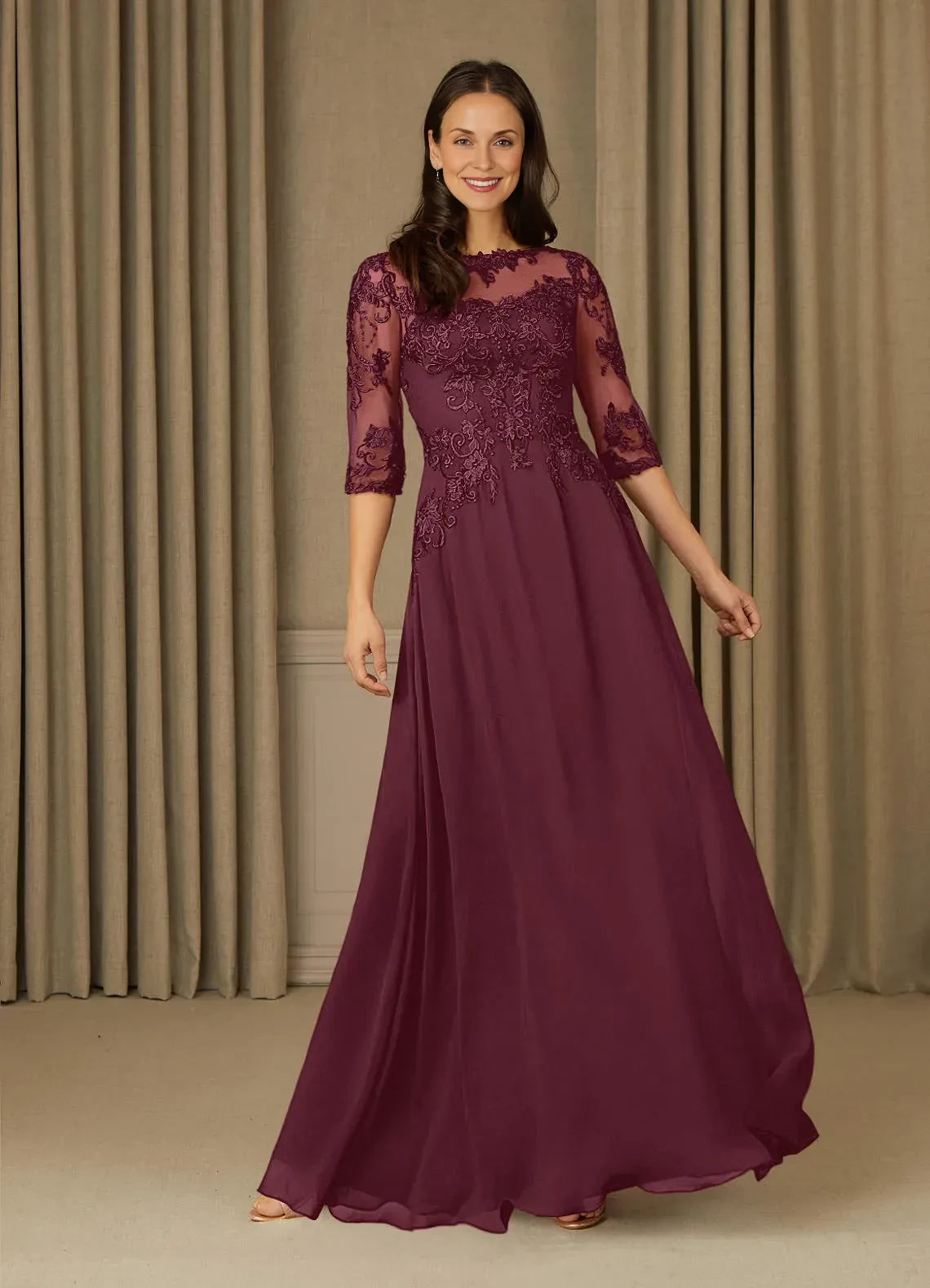 Elegant A Line Crew Neck 3/4 Sleeve Zipper Back Floor Length Mother of the Bride Dress