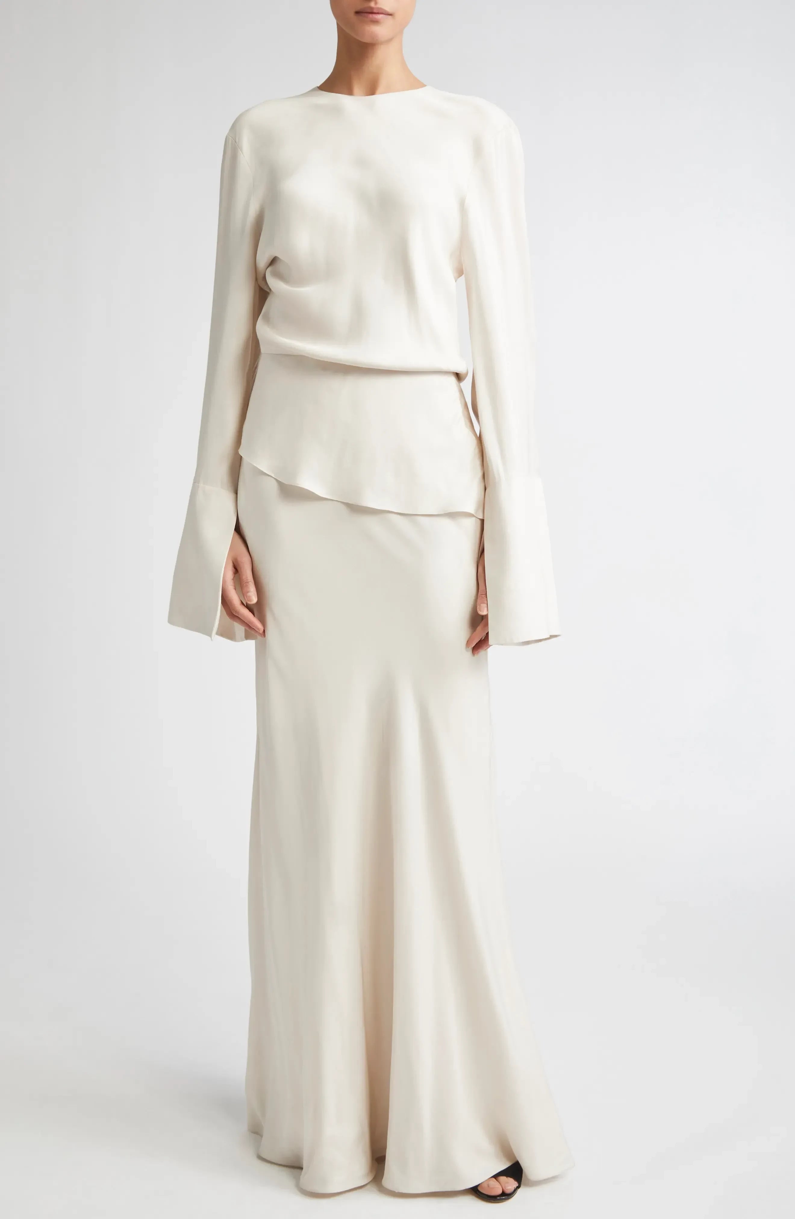 Elegant A Line Crew Neck Bell Sleeve Keyhole Back Floor Length Evening Dress