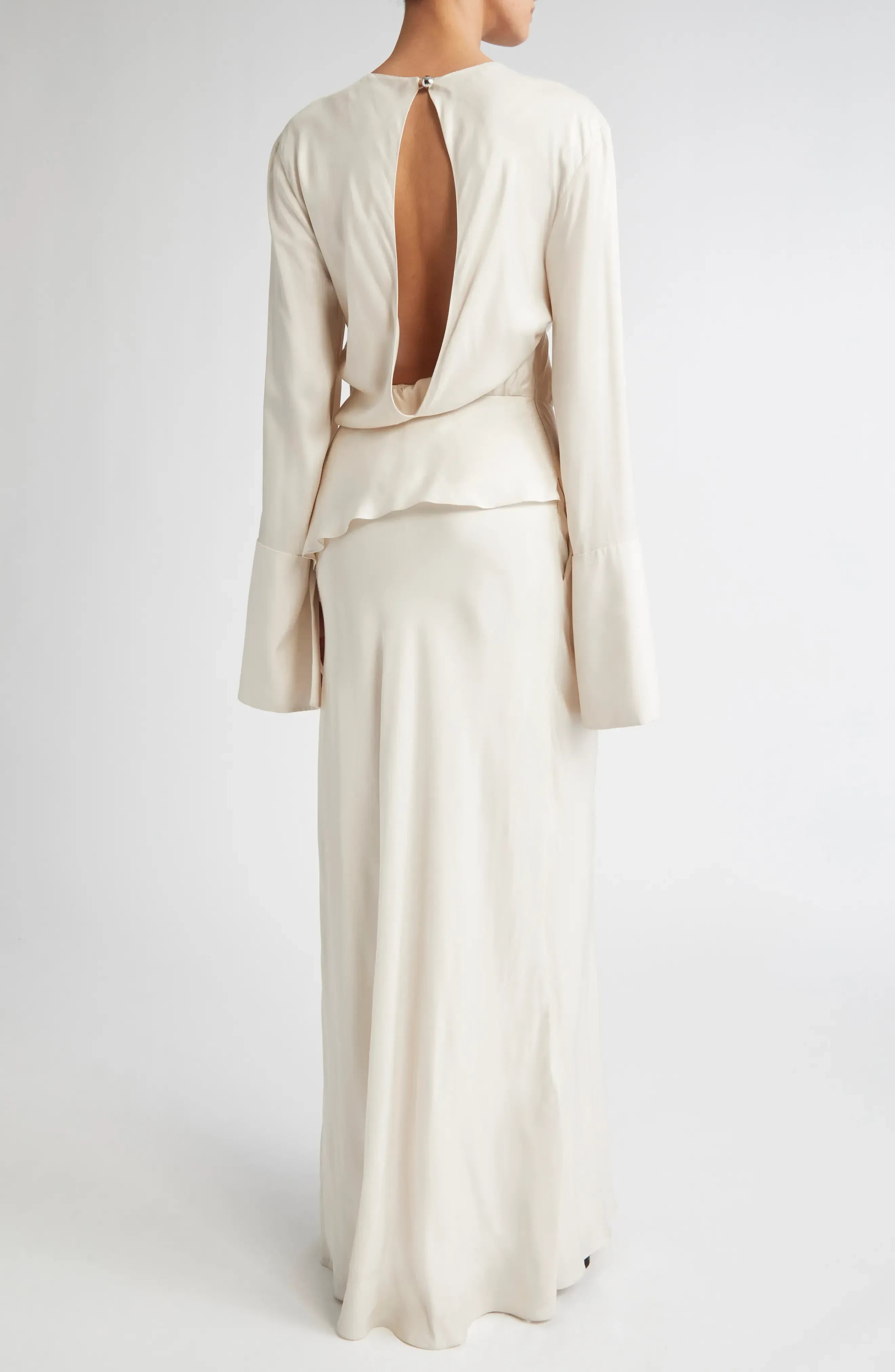 Elegant A Line Crew Neck Bell Sleeve Keyhole Back Floor Length Evening Dress