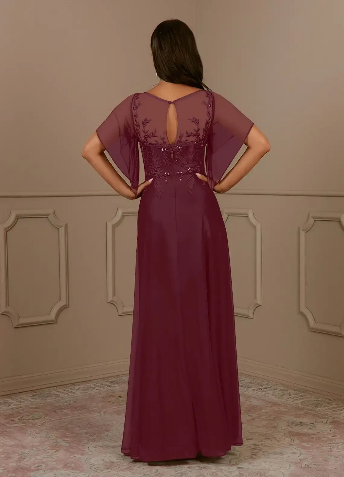 Elegant A Line Crew Neck Chiffon Flutter Sleeve Keyhole Back Floor Length Mother of the Bride Dress