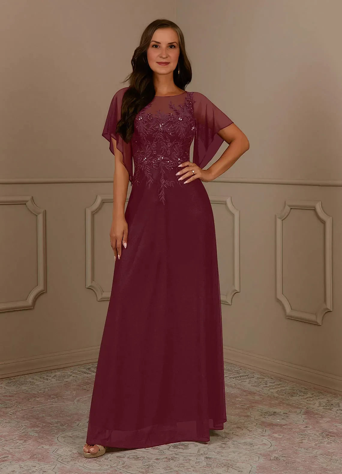 Elegant A Line Crew Neck Chiffon Flutter Sleeve Keyhole Back Floor Length Mother of the Bride Dress
