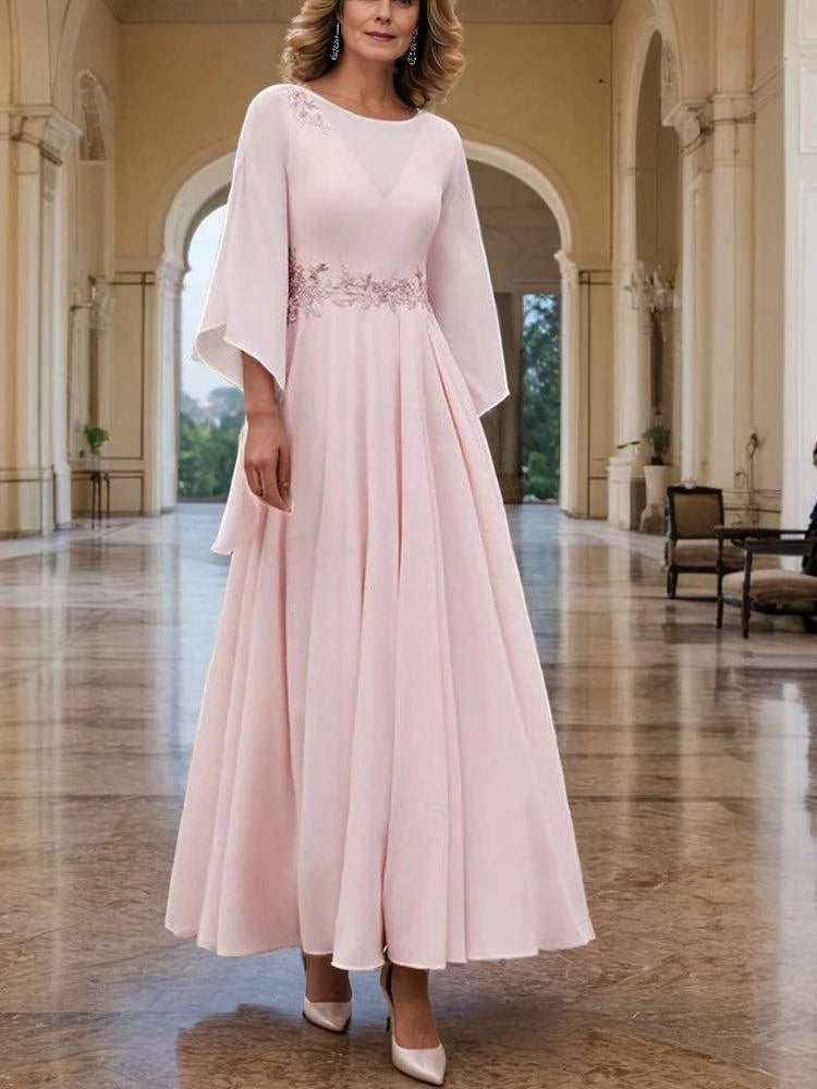 Elegant A Line Crew Neck Flutter Sleeve Open Back Floor Length Mother of the Bride Dress