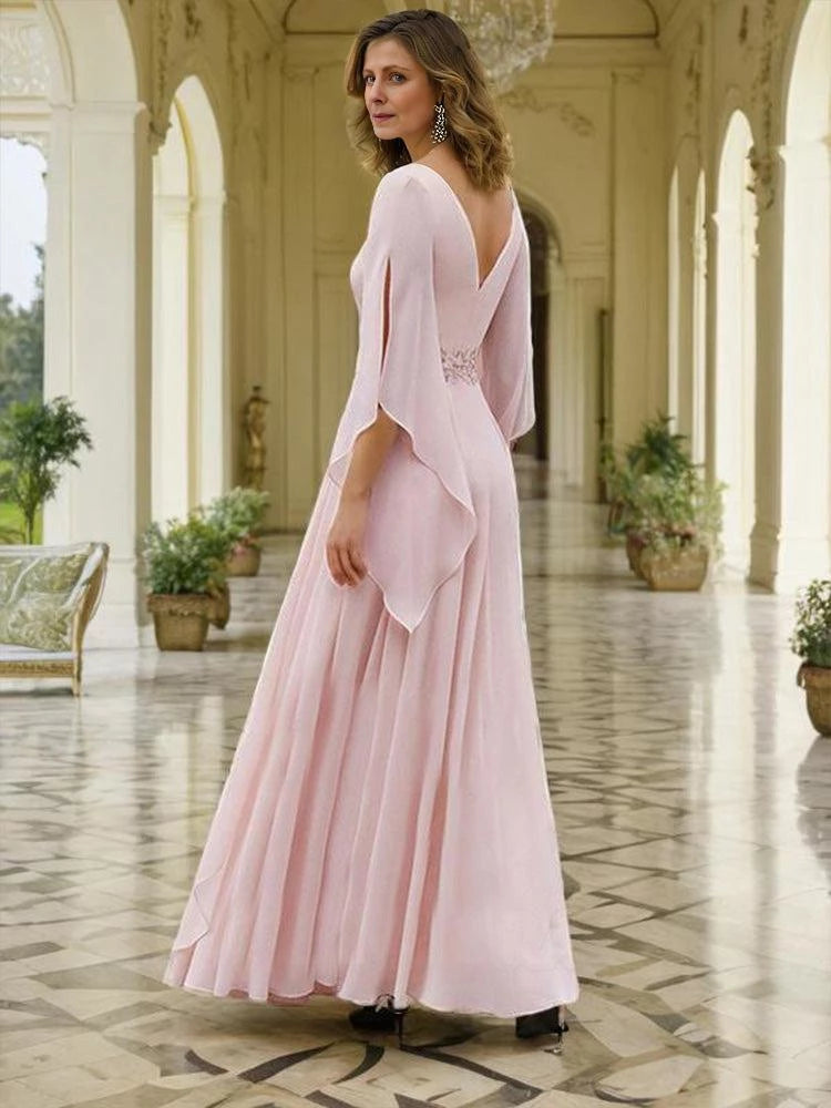 Elegant A Line Crew Neck Flutter Sleeve Open Back Floor Length Mother of the Bride Dress