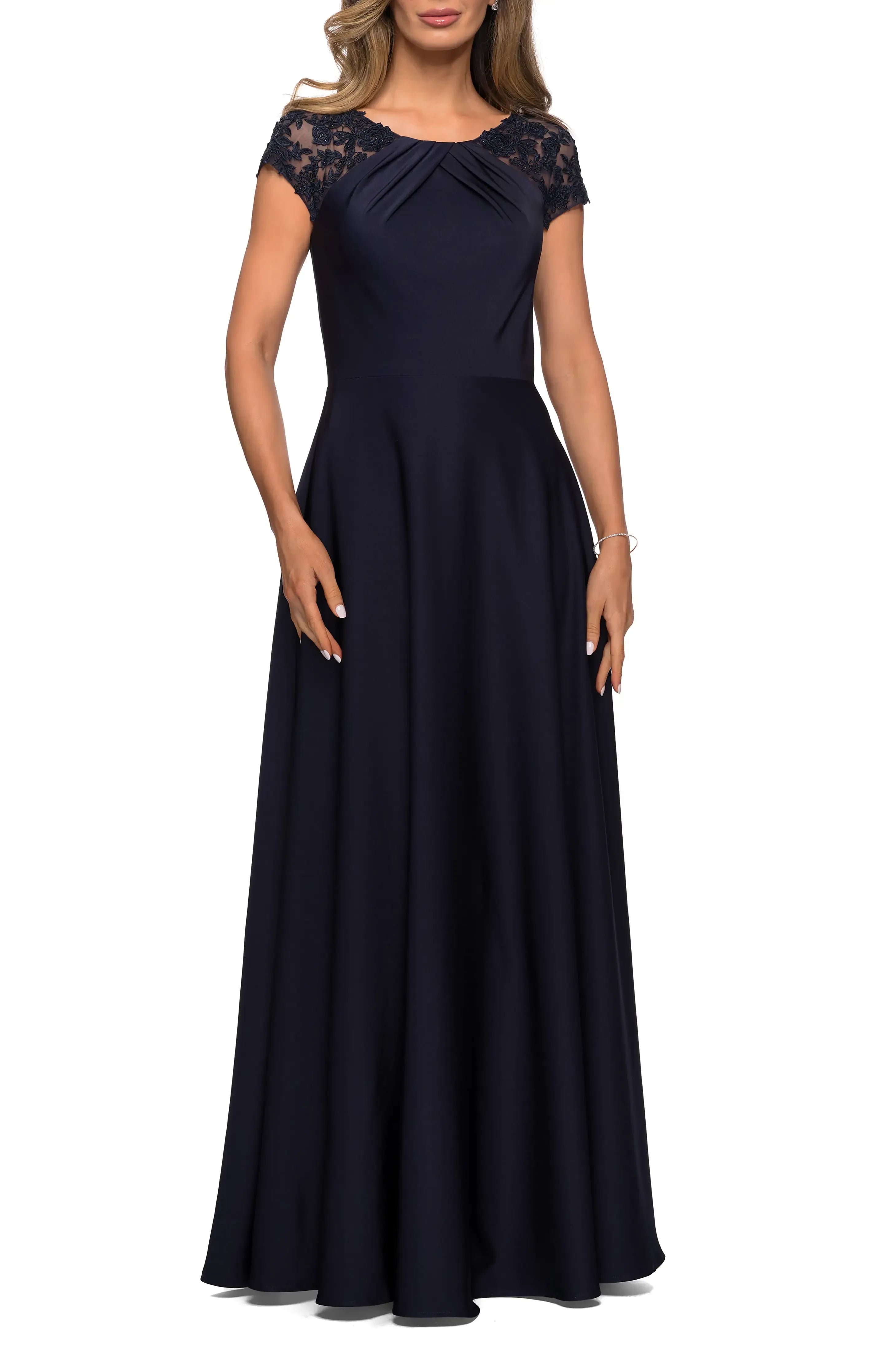 Elegant A Line Crew Neck Lace Cap Sleeve Zipper Back Floor Length Evening Dress