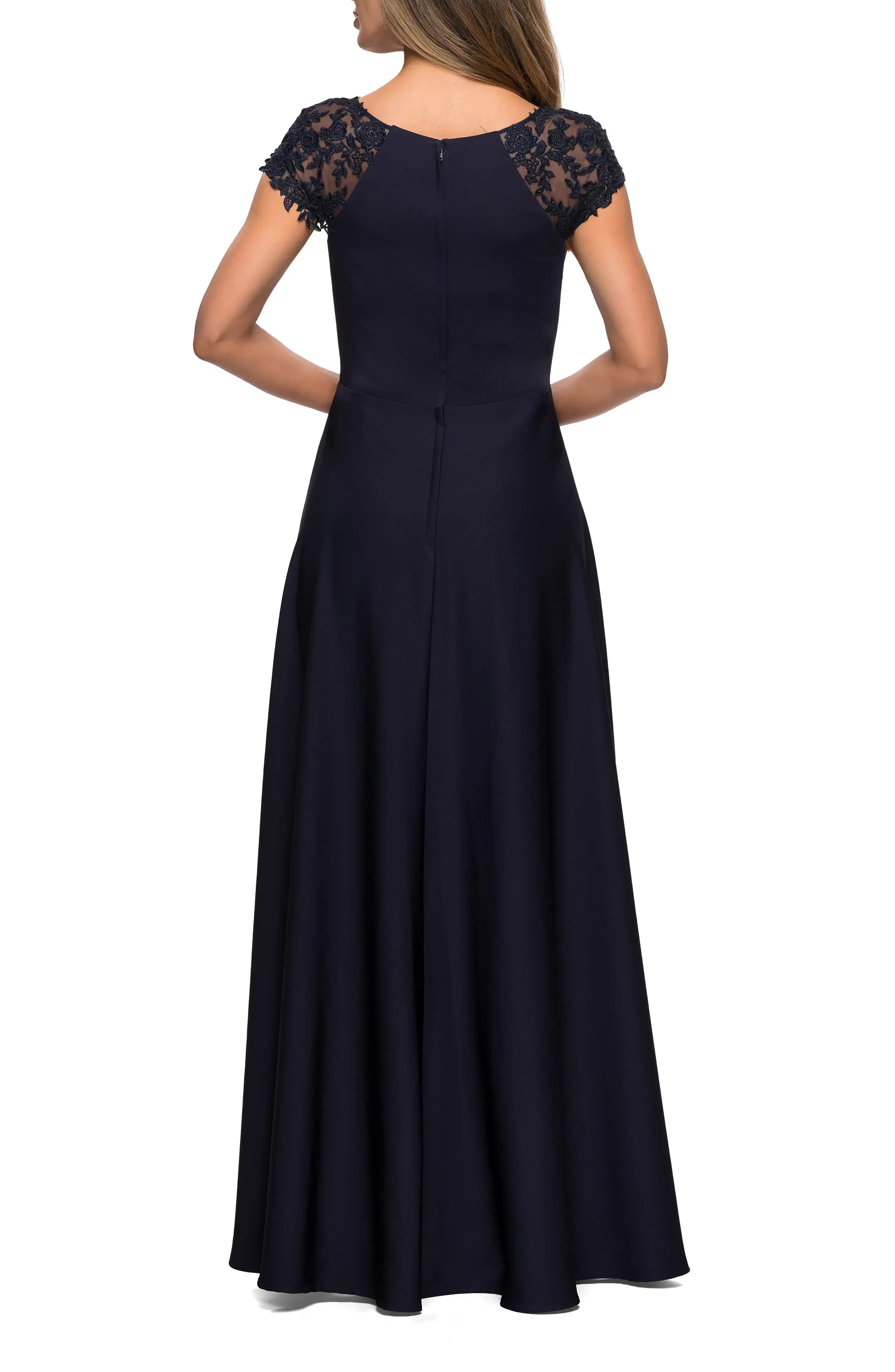 Elegant A Line Crew Neck Lace Cap Sleeve Zipper Back Floor Length Evening Dress