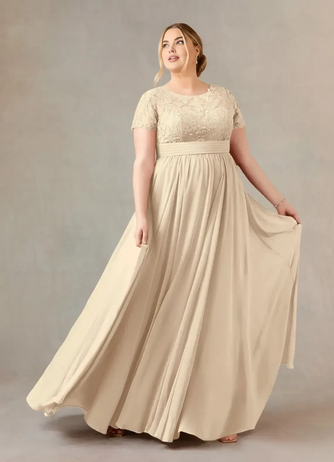 Elegant A Line Crew Neck Lace Short Sleeve Zip Back Plus Size Floor Length Mother of the Bride Dress