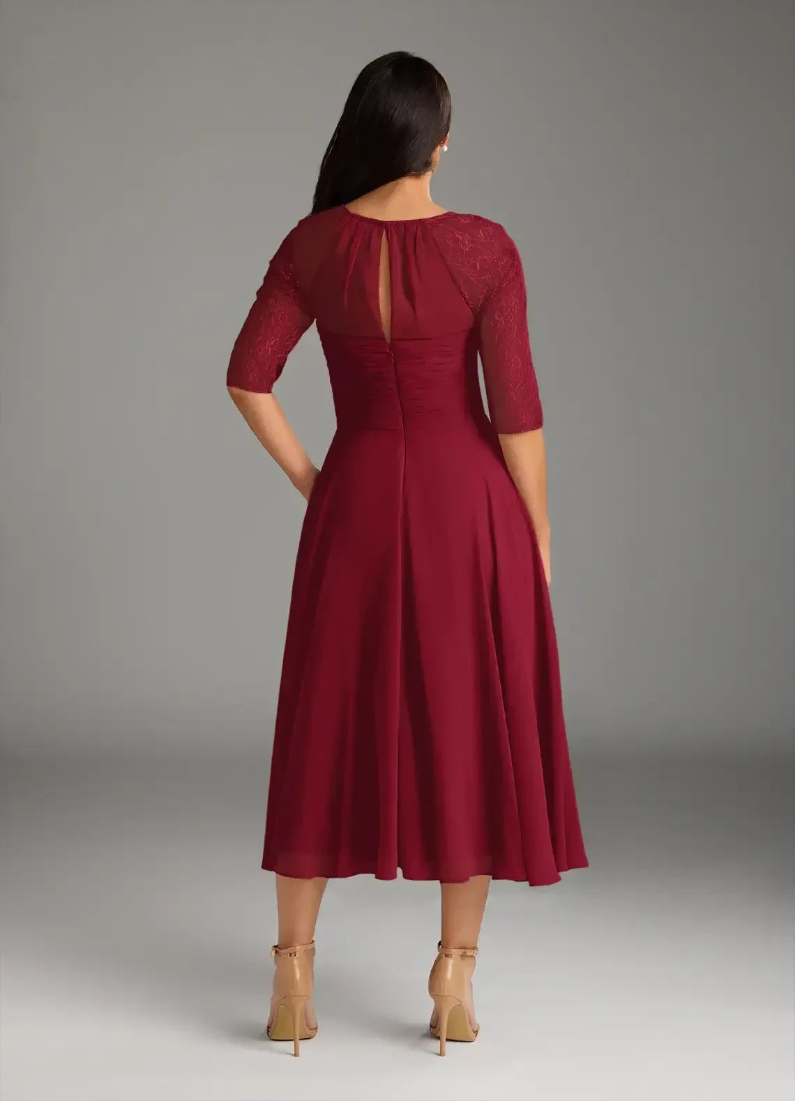 Elegant A Line Crew Neck Lace Sleeve Keyhole Back Midi Length Mother of the Bride Dress