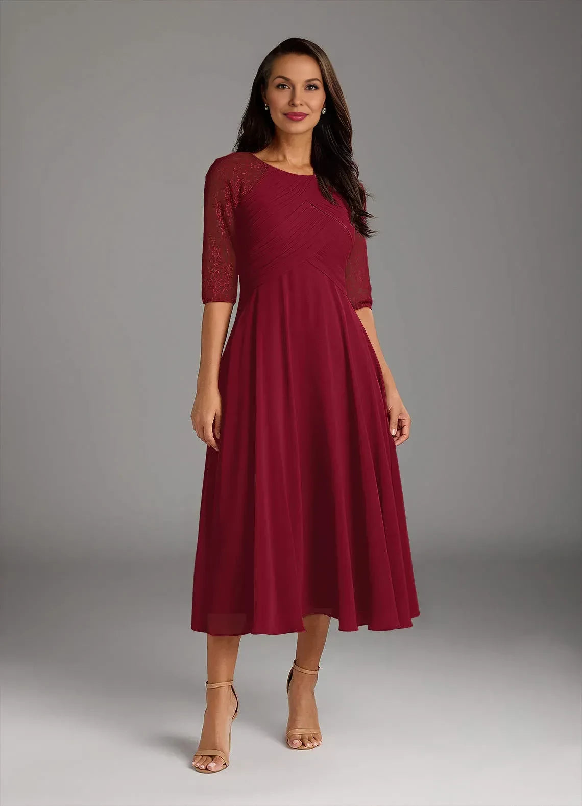 Elegant A Line Crew Neck Lace Sleeve Keyhole Back Midi Length Mother of the Bride Dress