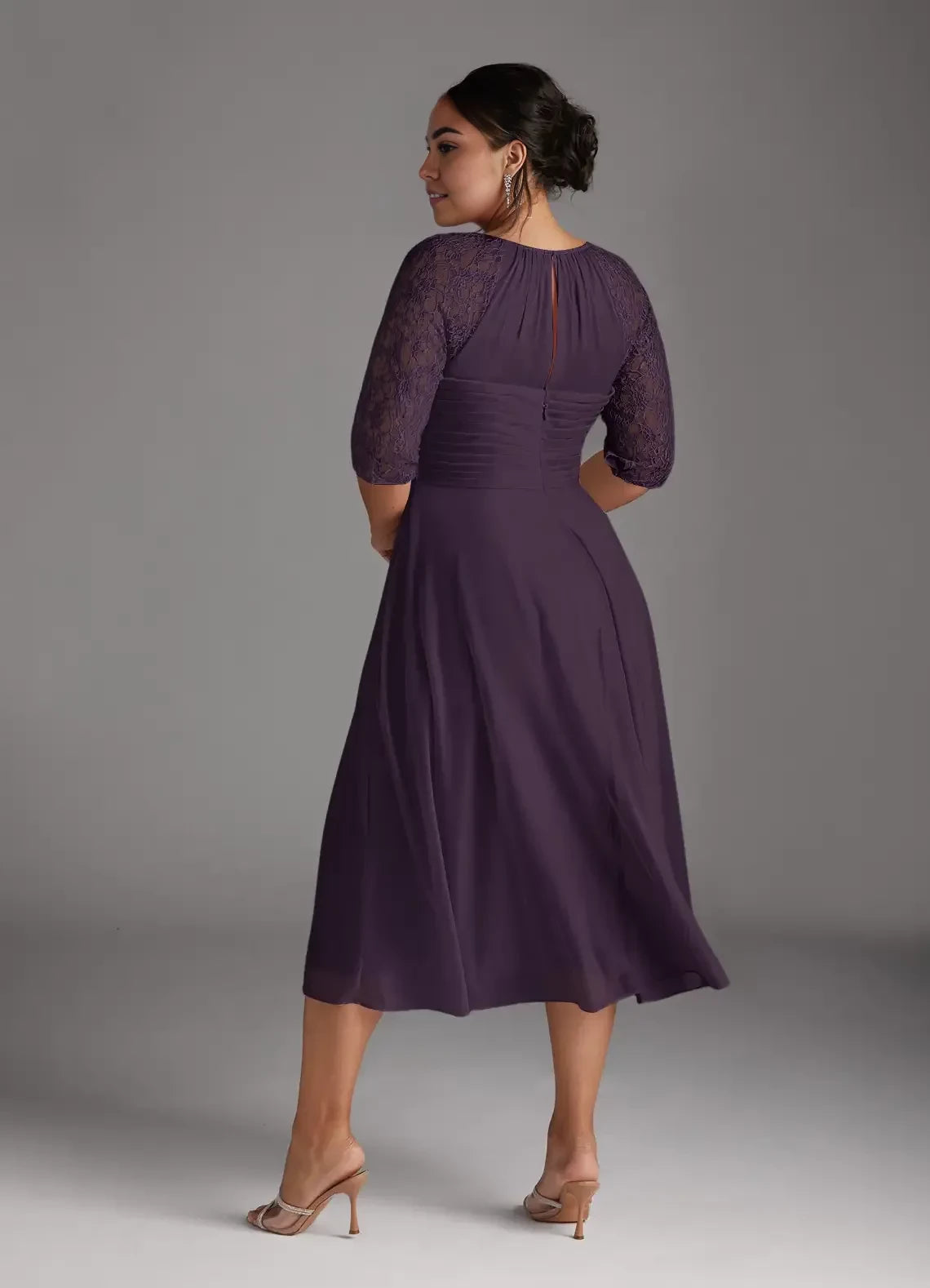 Elegant A Line Crew Neck Lace Three Quarter Sleeve Keyhole Back Plus Size Midi Length Mother of the Bride Dress