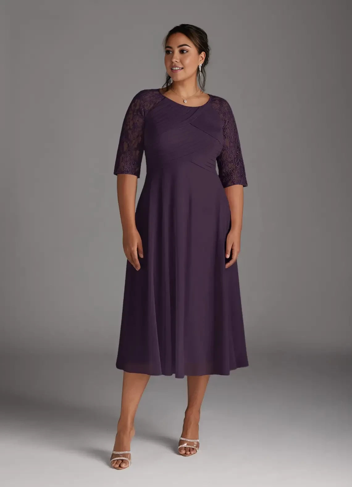 Elegant A Line Crew Neck Lace Three Quarter Sleeve Keyhole Back Plus Size Midi Length Mother of the Bride Dress