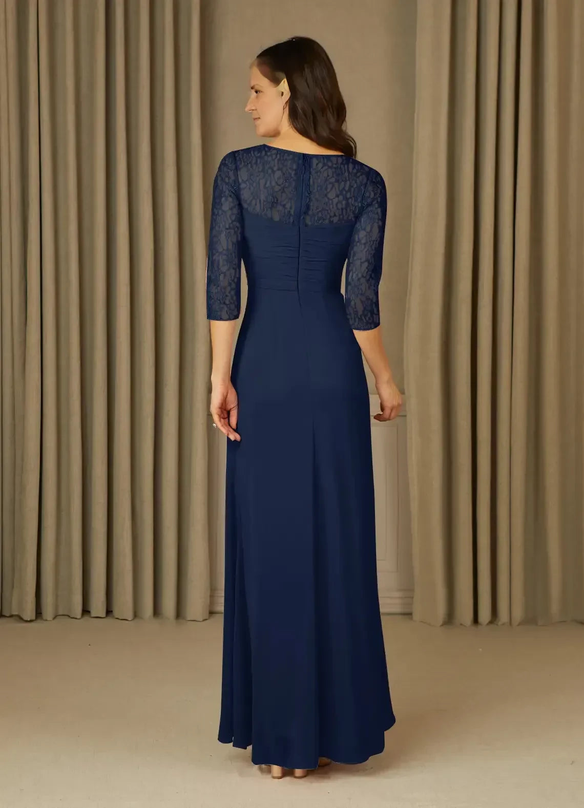 Elegant A Line Crew Neck Lace Three Quarter Sleeve Ruched Back Floor Length Mother of the Bride Dress