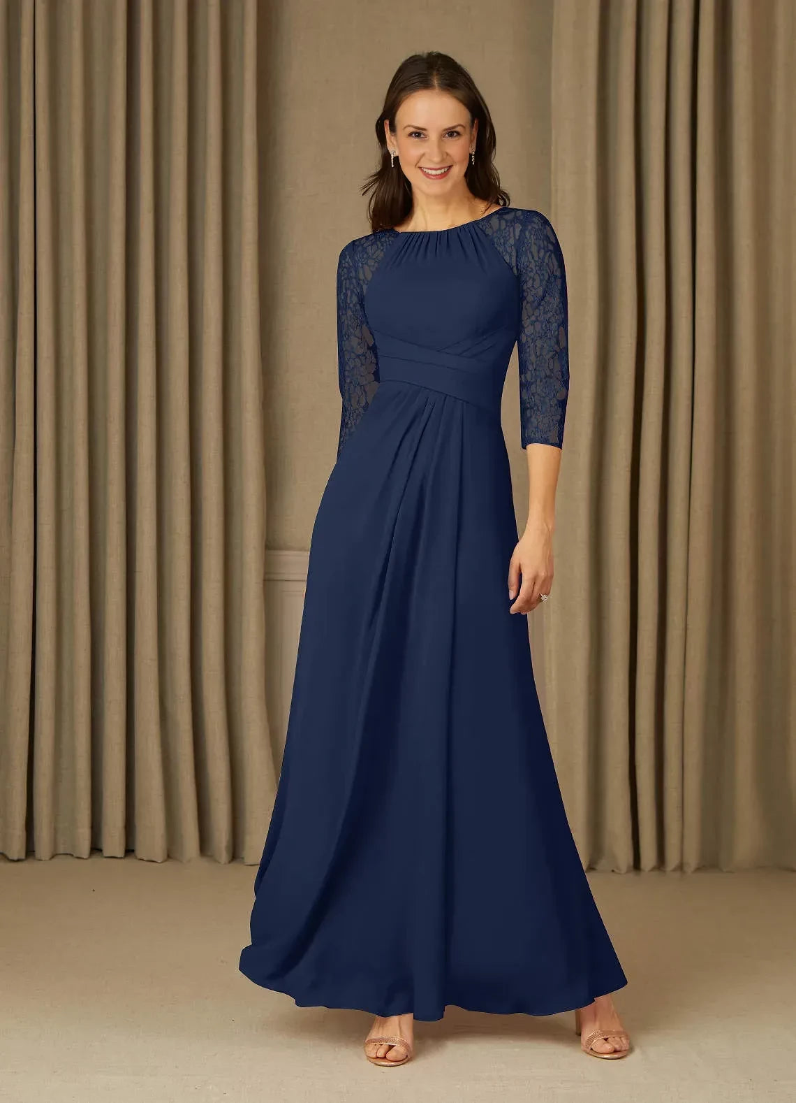 Elegant A Line Crew Neck Lace Three Quarter Sleeve Ruched Back Floor Length Mother of the Bride Dress