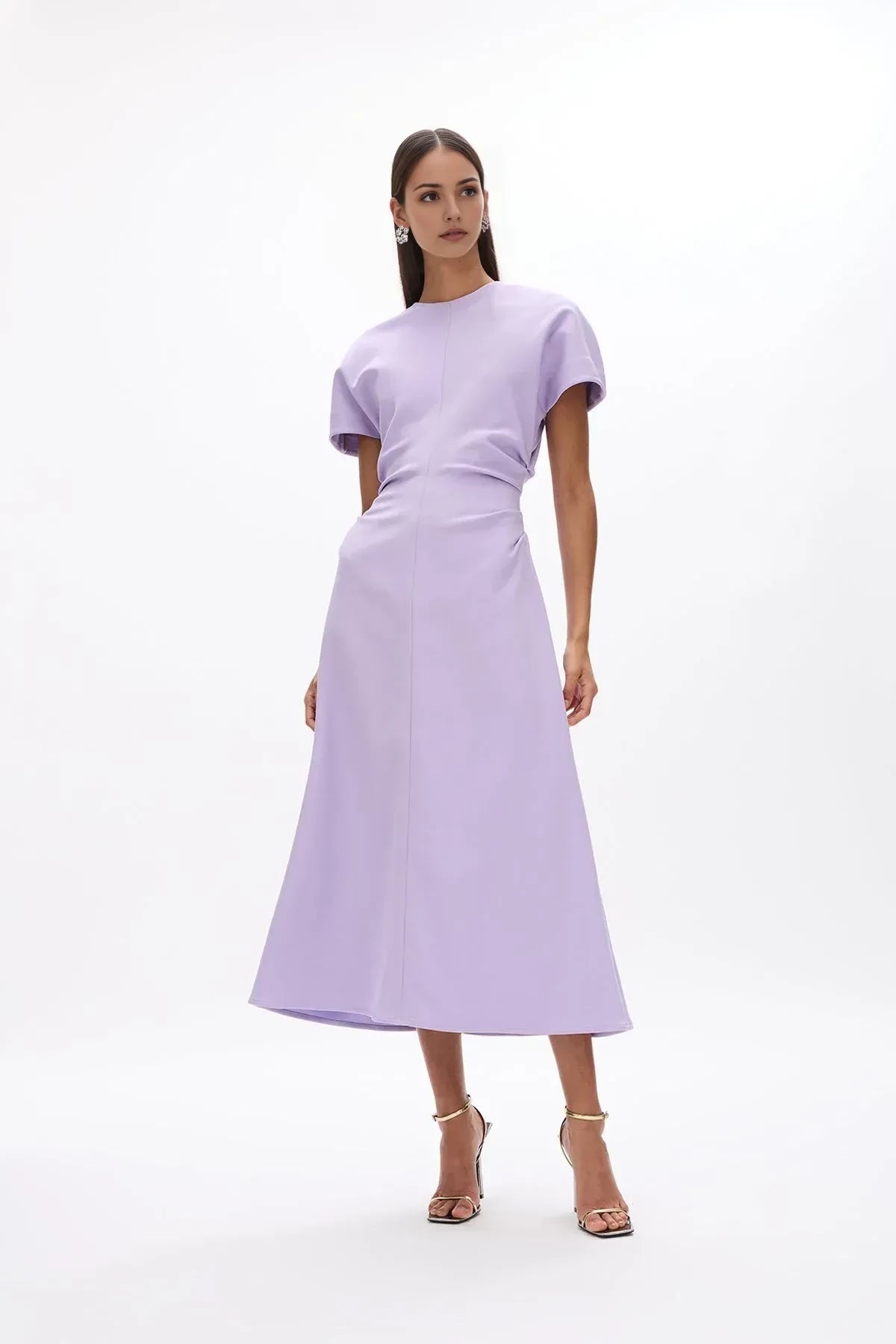 Elegant A Line Crew Neck Short Sleeve Ruched Back Midi Length Evening Dress