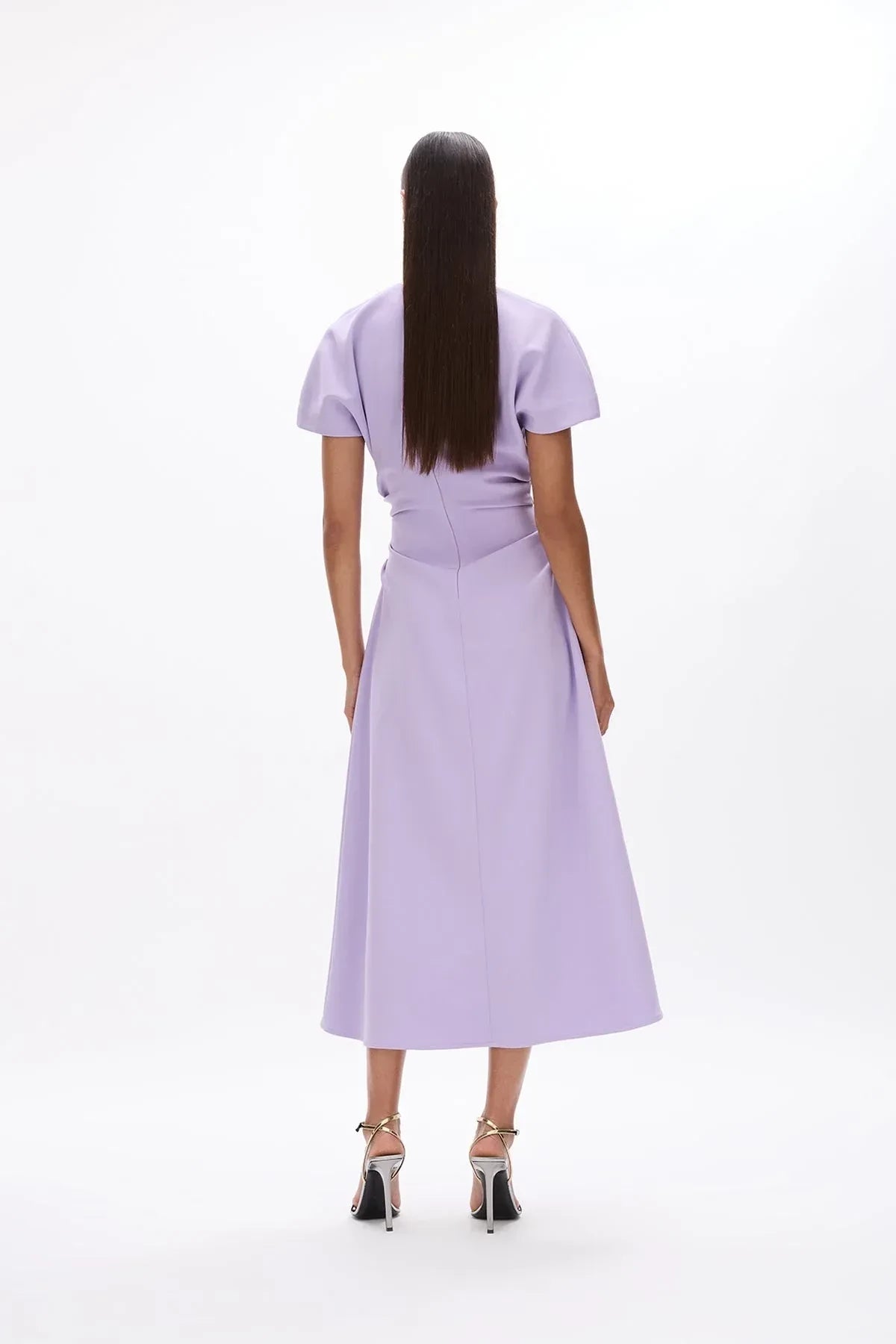 Elegant A Line Crew Neck Short Sleeve Ruched Back Midi Length Evening Dress