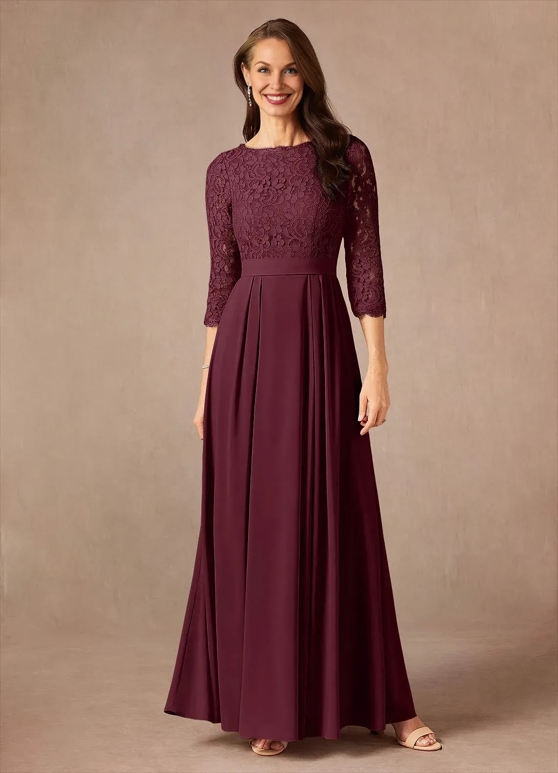 Elegant A Line Crew Neck Three Quarter Sleeve Zipper Back Floor Length Mother of the Bride Dresses