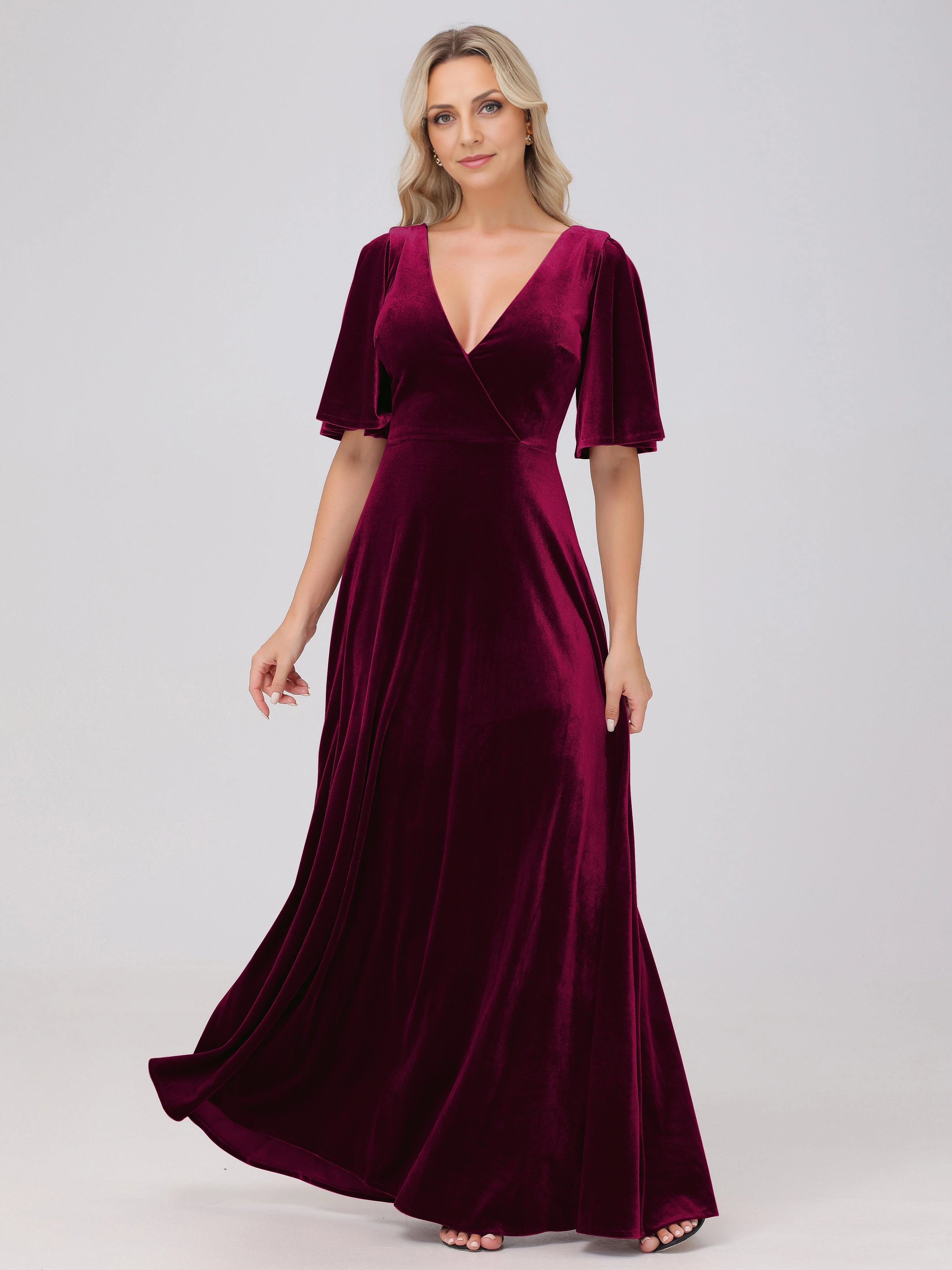 Elegant A Line Deep V Neck Flutter Sleeve Zip Back Floor Length Mother of the Bride Dress