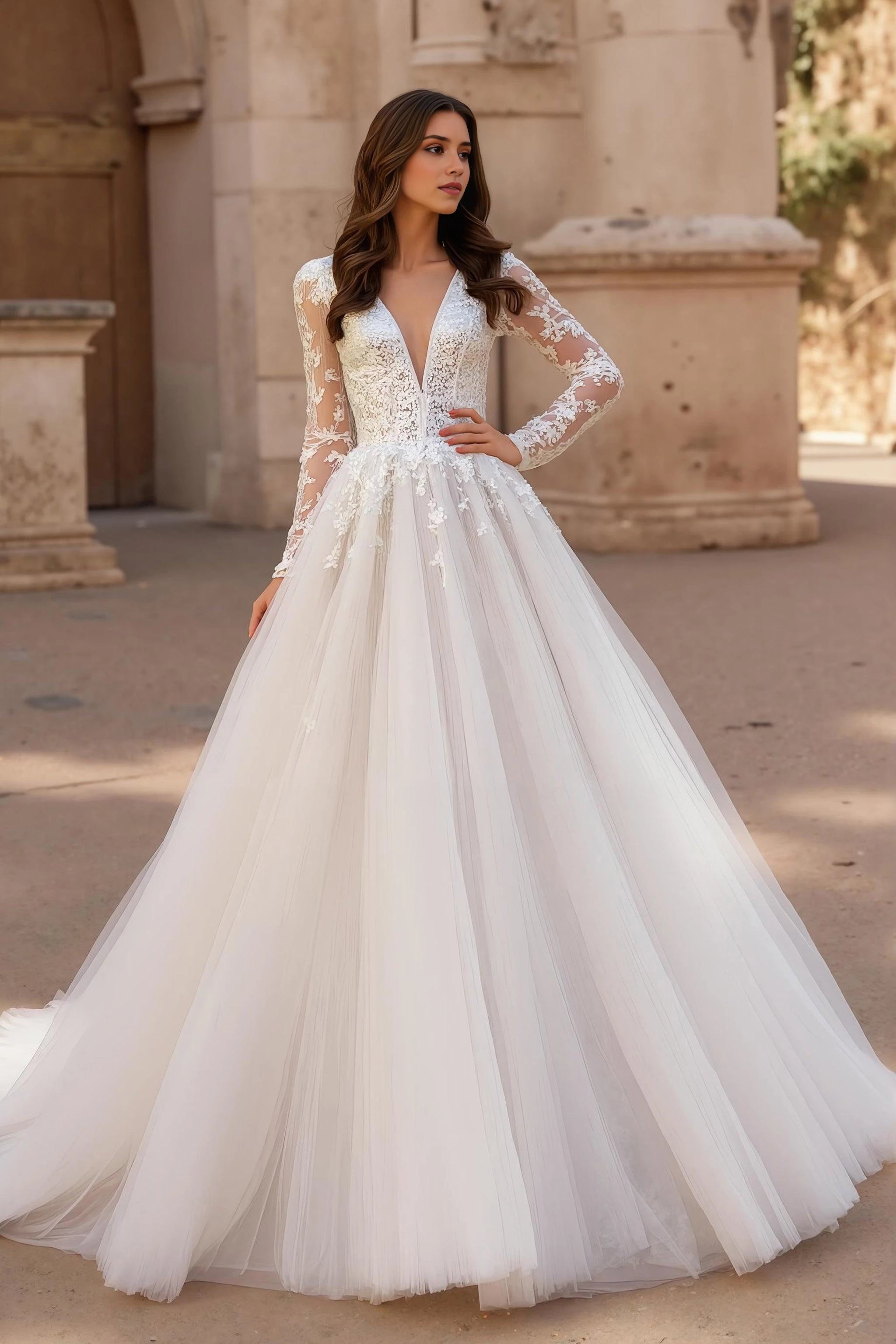 Elegant A Line Deep V Neck Lace Long Sleeve Open Back Floor Length Wedding Dress