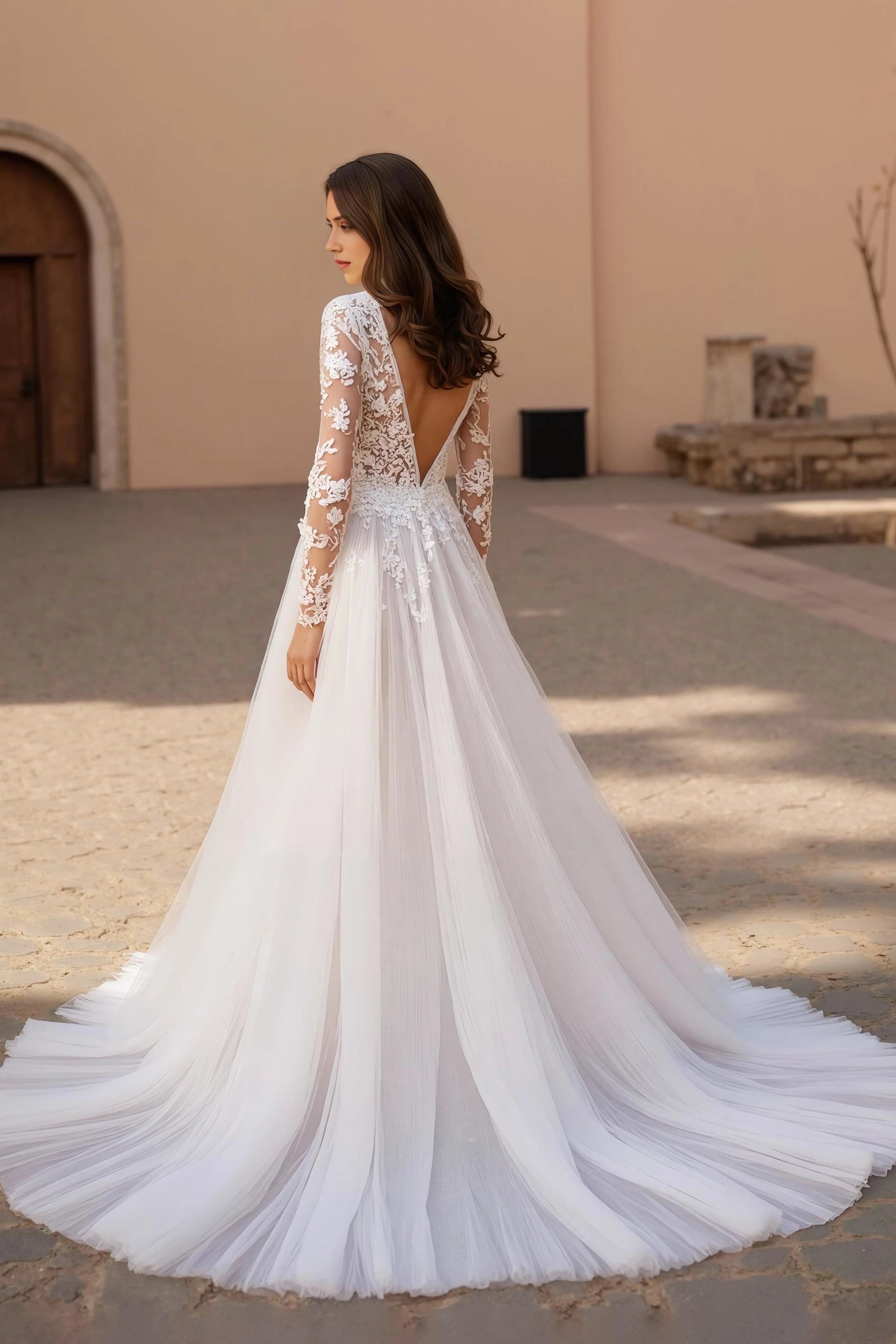 Elegant A Line Deep V Neck Lace Long Sleeve Open Back Floor Length Wedding Dress