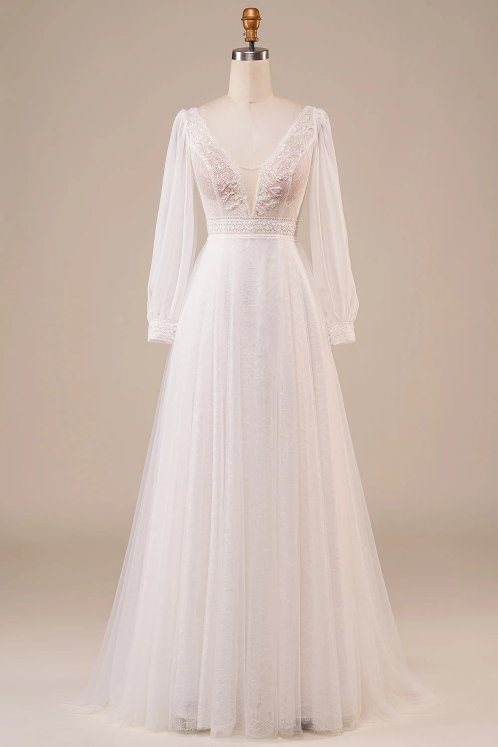Elegant A Line Deep V Neck Long Sleeve Open Back Floor Length Wedding Dress