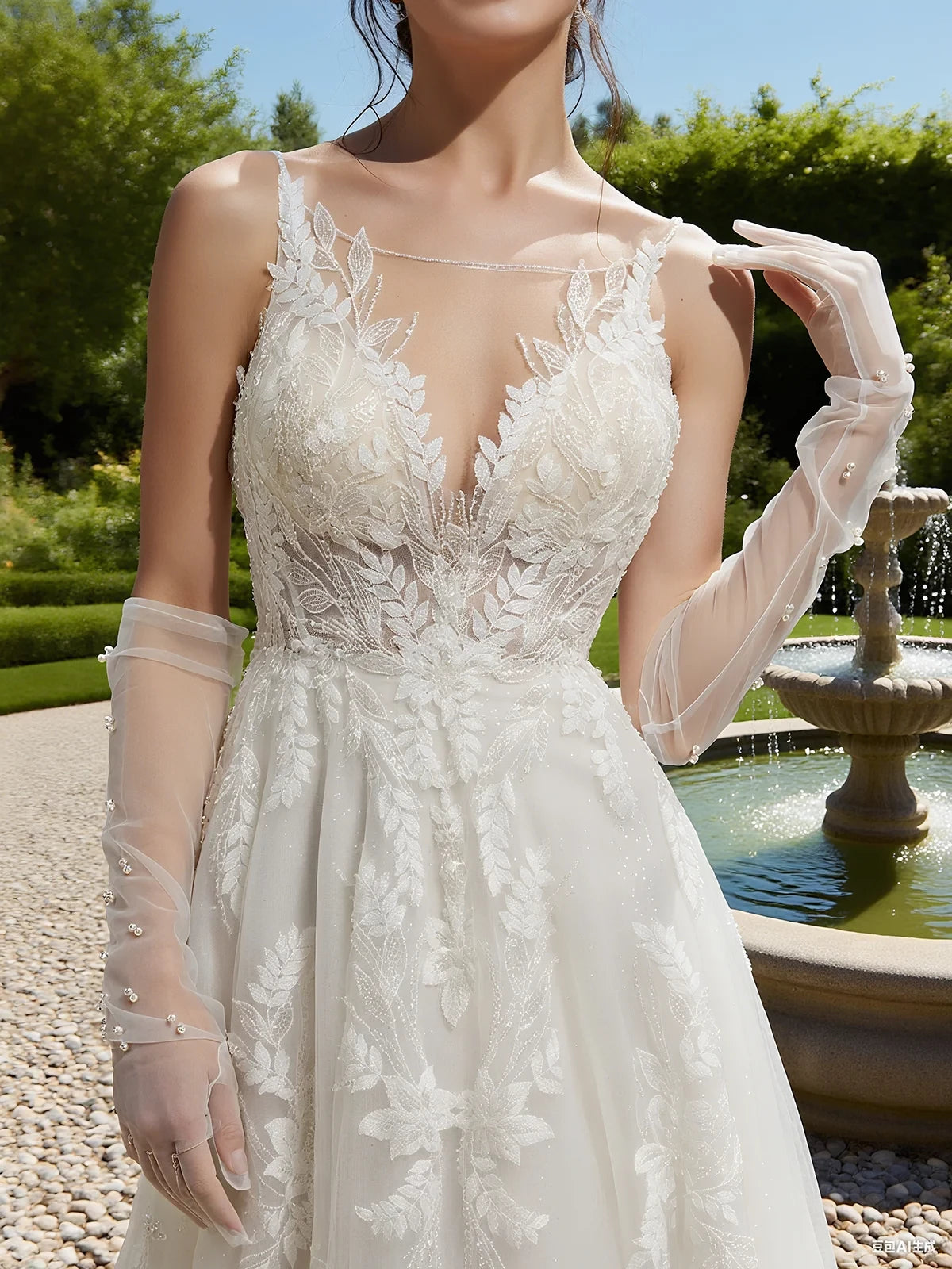 Elegant A Line Deep V Neck Sleeveless Open Back Floor Length Wedding Dress